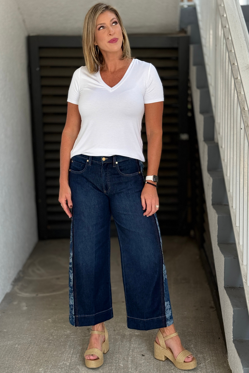 Liverpool Stride Wide Leg Jeans with Jacquard Blocking in Indigo Gardens