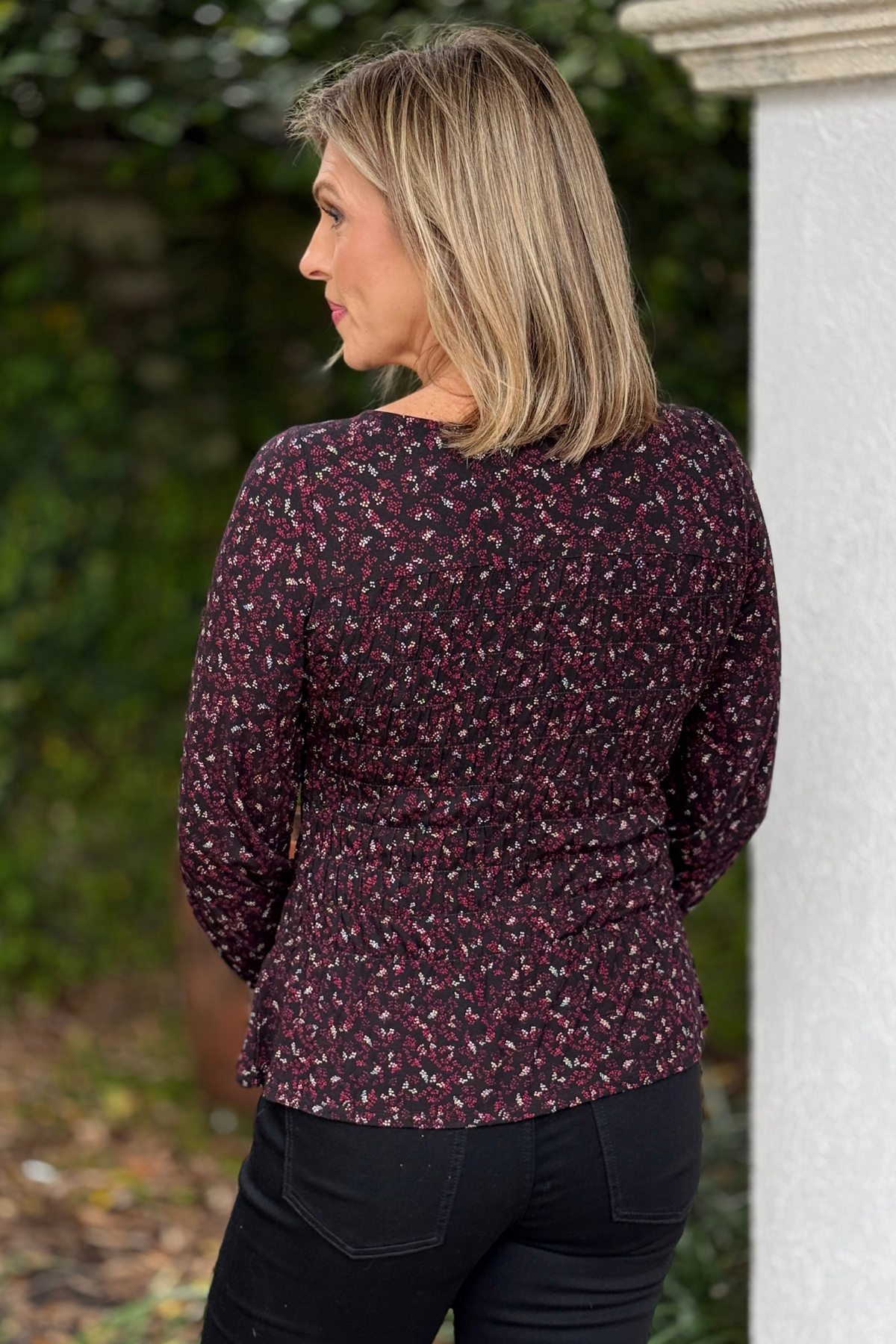 Liverpool floral holiday top with elastic cuffs and gathered bodice  