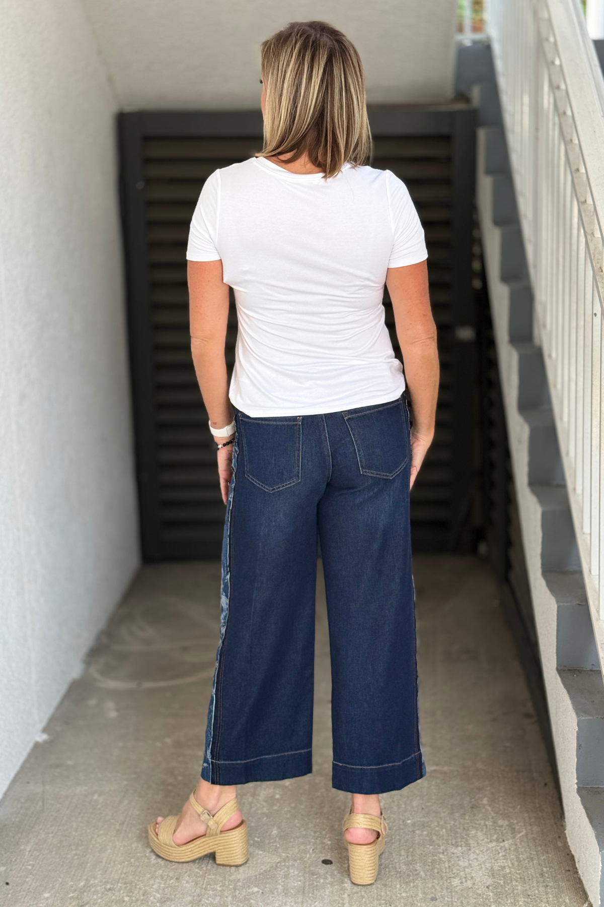 Liverpool wide leg denim with floral jacquard side blocking