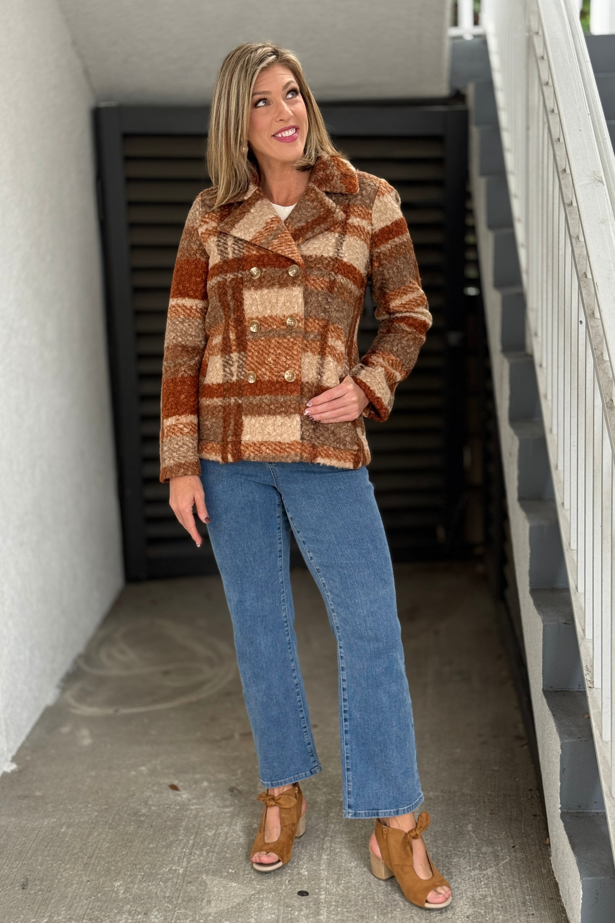 Women’s nutmeg plaid sherpa peacoat by Liverpool
