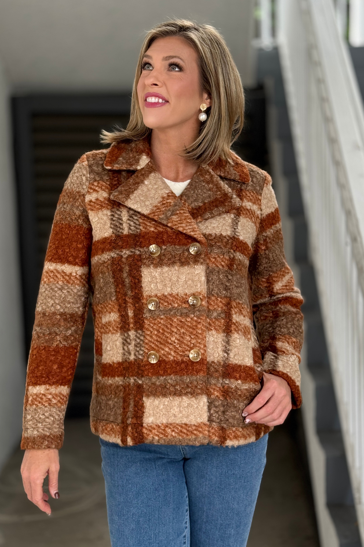 Liverpool Double Breasted Sherpa Peacoat in Nutmeg Multi front view