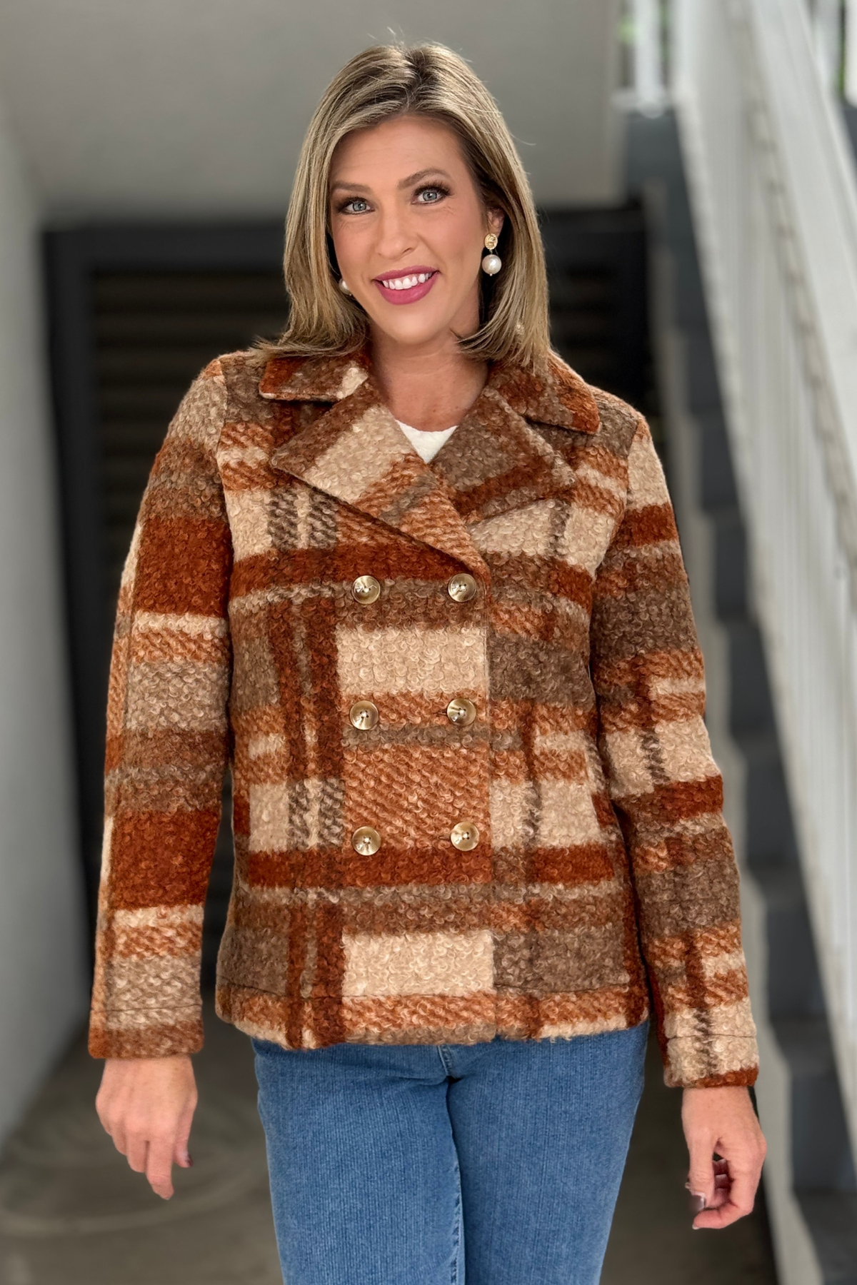 Liverpool brown and cream plaid double breasted fall coat