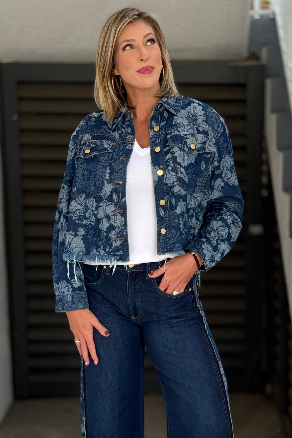 Liverpool Floral Jacquard Denim Jacket in Lapis Grove on model