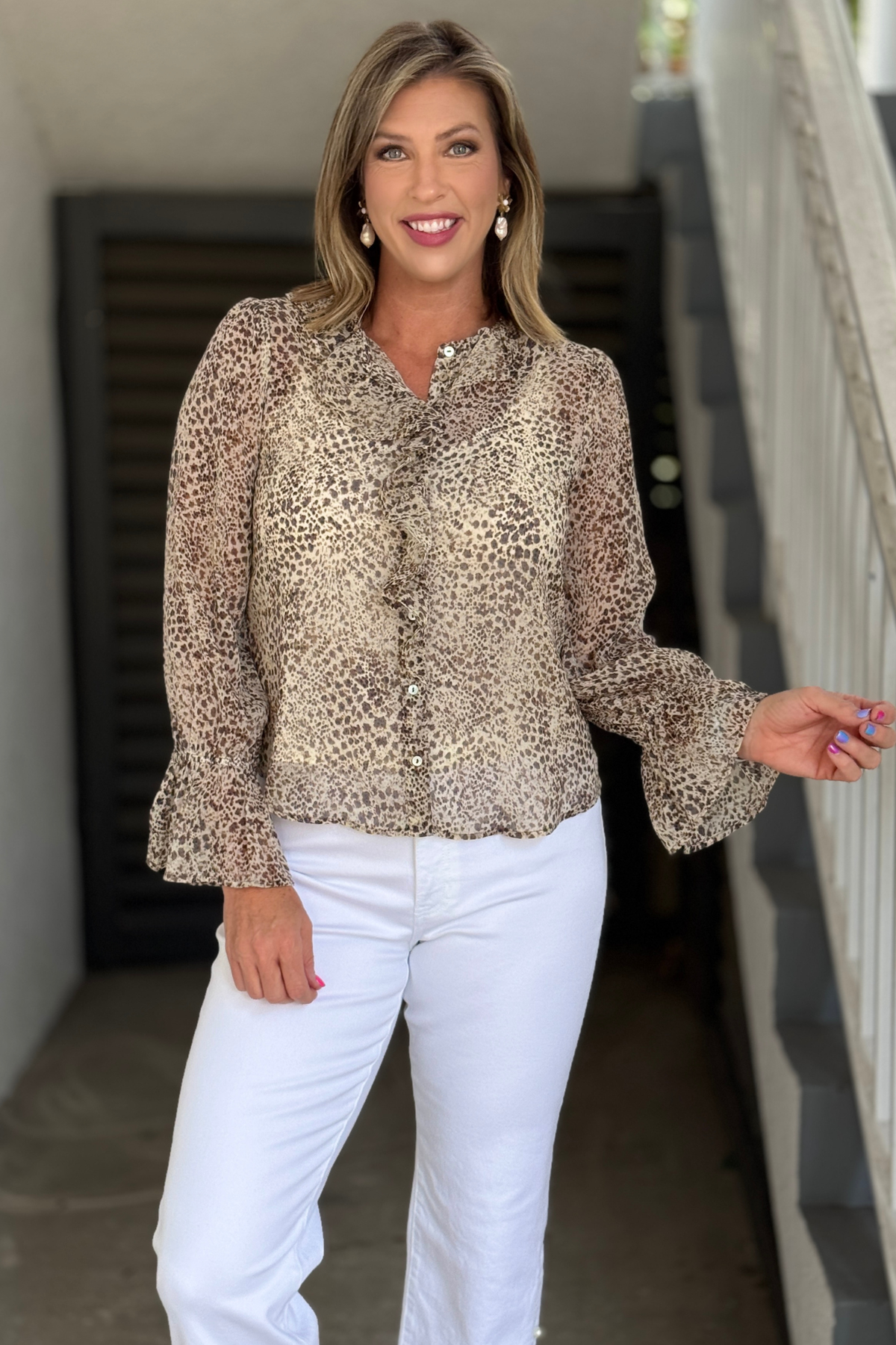 Liverpool brown multi animal print ruffle blouse front view