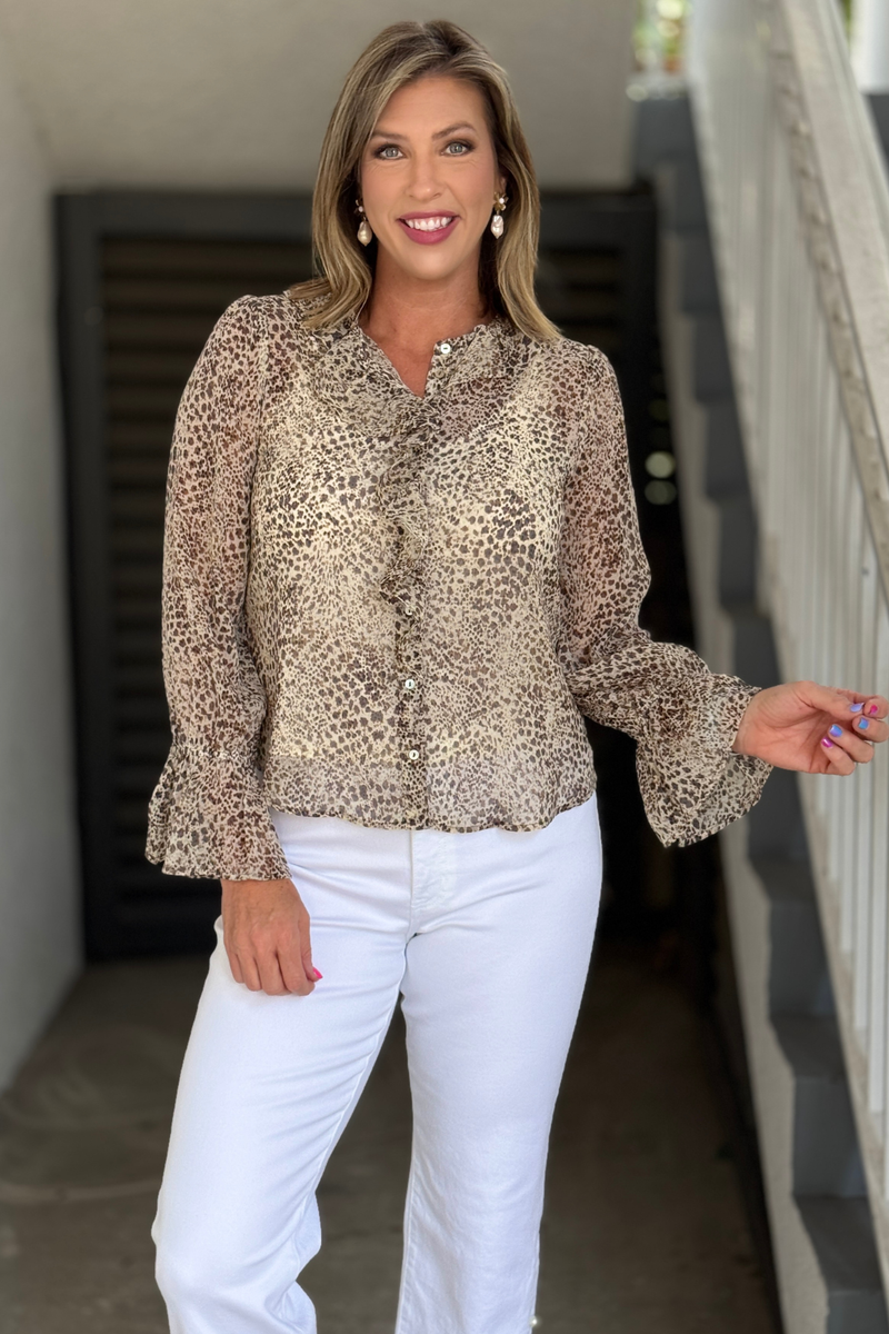 Liverpool brown multi animal print ruffle blouse front view