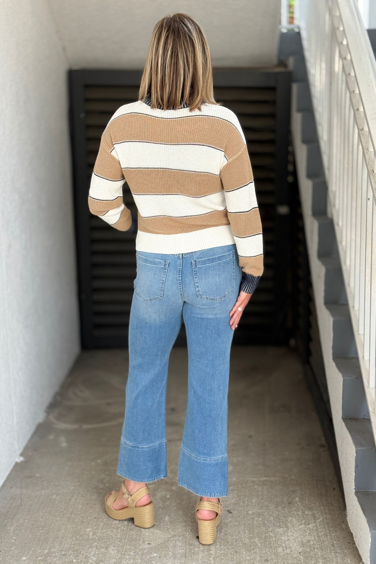 Women’s Liverpool Kennedy cuffed jeans styled with striped sweater