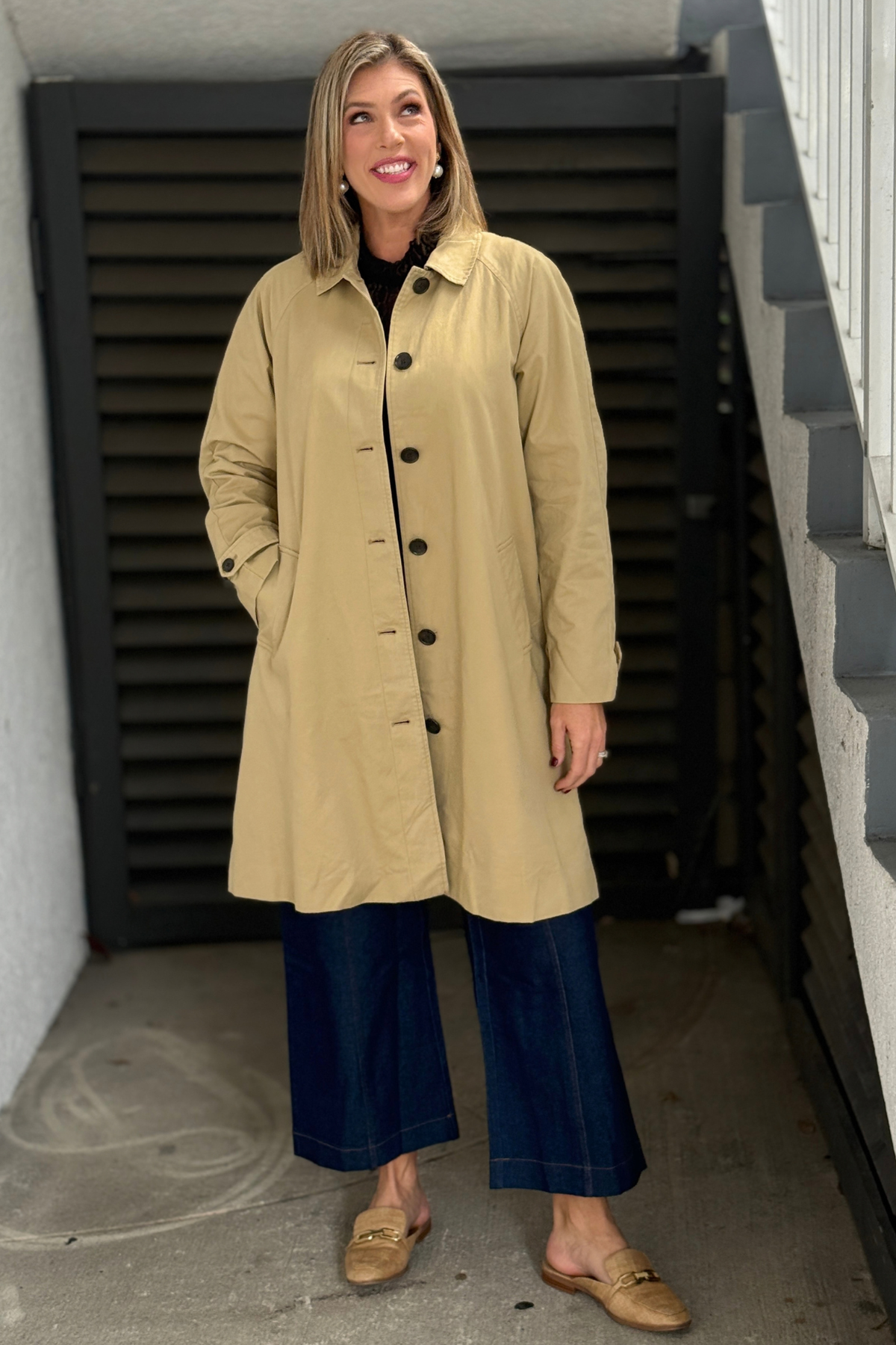 Liverpool Pleat Back Trench Coat in Croissant front view