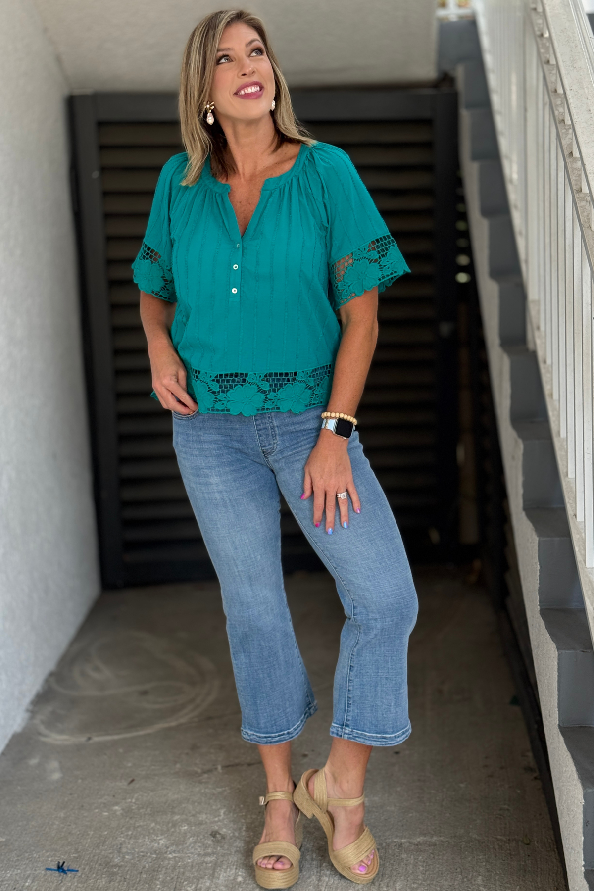 Light wash Liverpool crop flare jeans front view