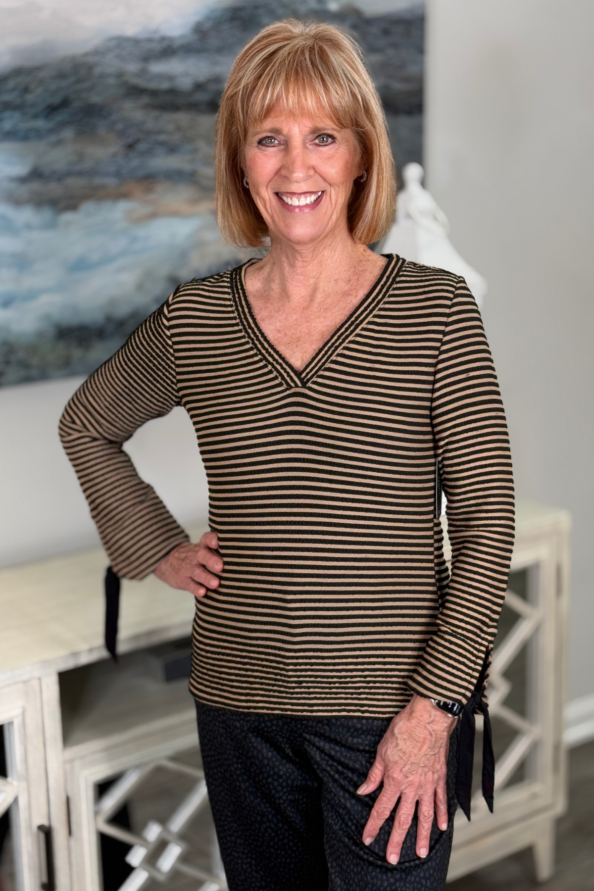 Liverpool black and tan striped V-neck knit top for women