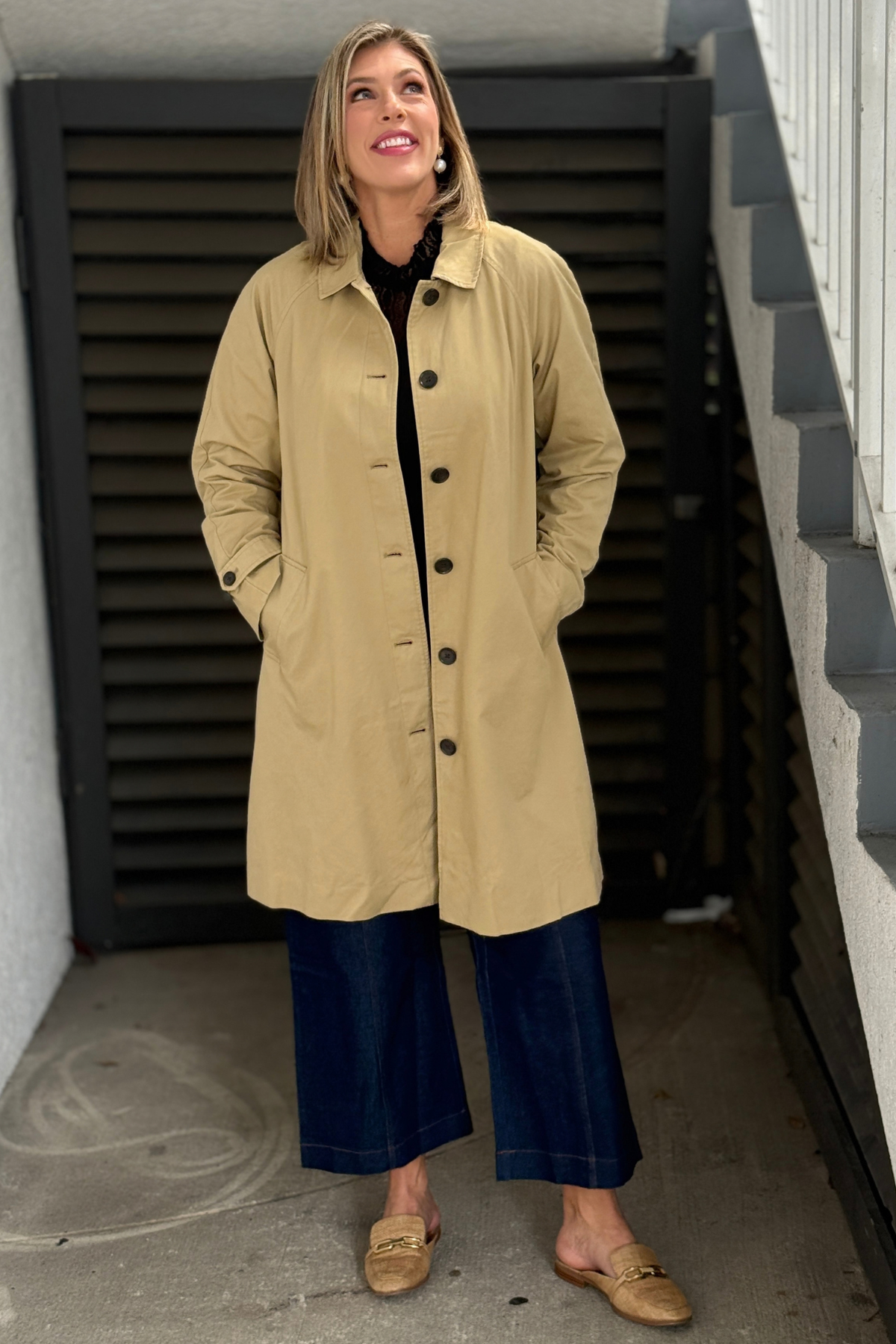 Liverpool raglan sleeve button front trench coat