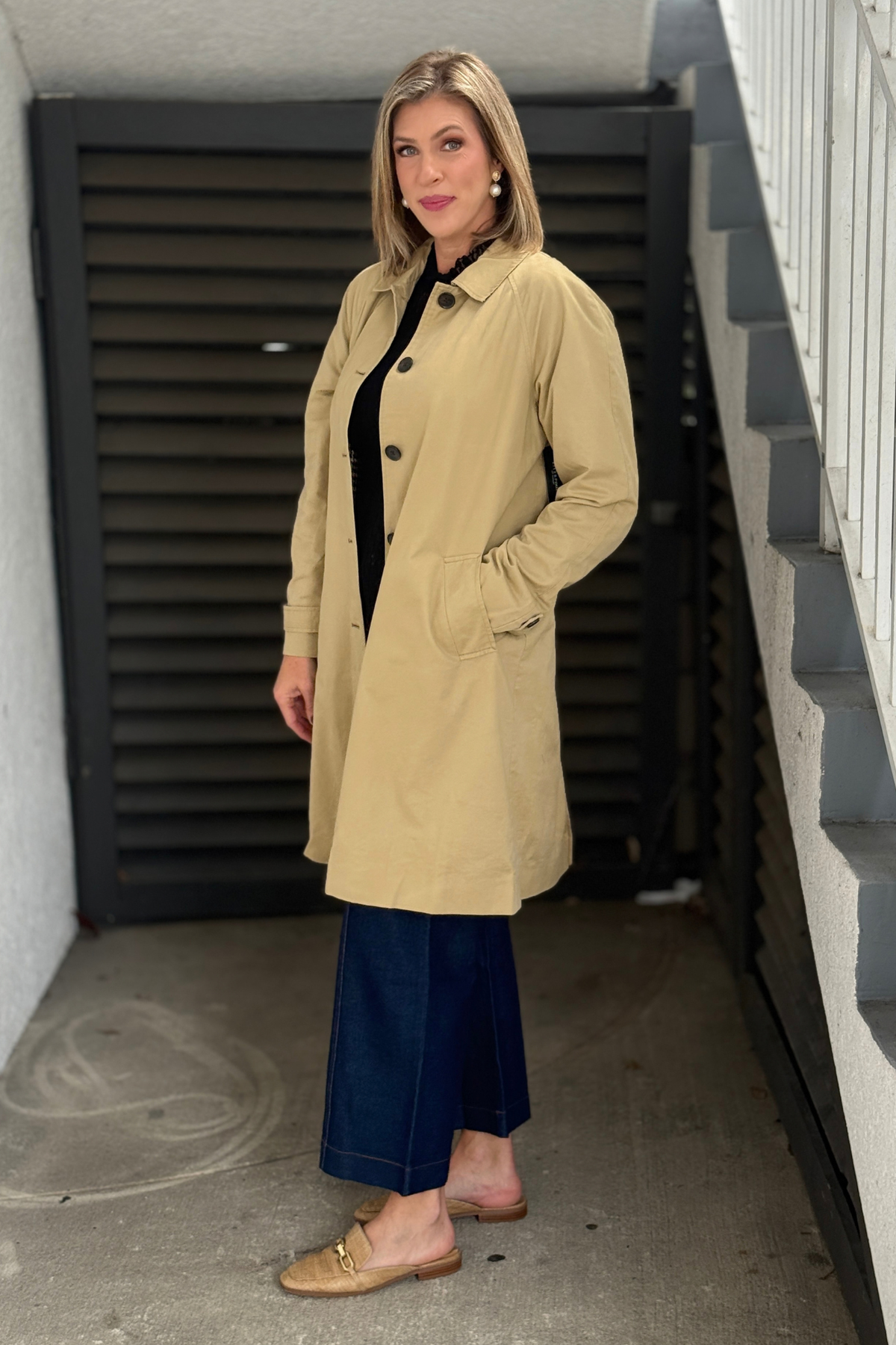 Croissant trench coat with slant welt pockets