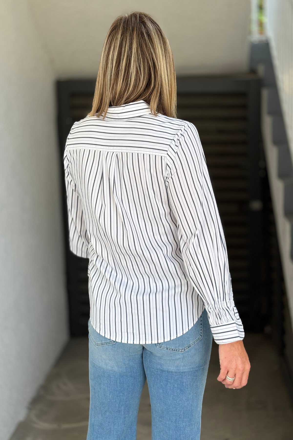 Liverpool women’s navy pinstripe button front blouse with adjustable sleeves