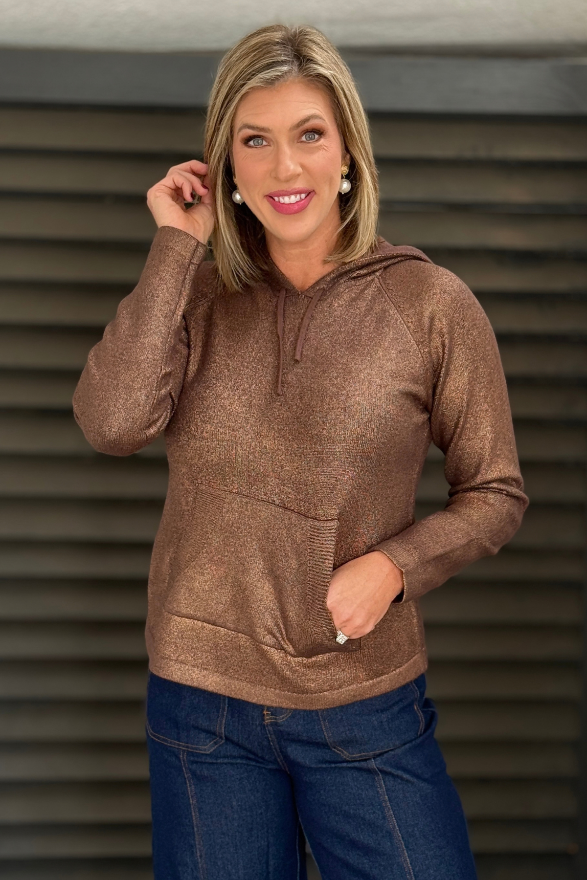 Charlie B metallic knit hoodie sweater in copper