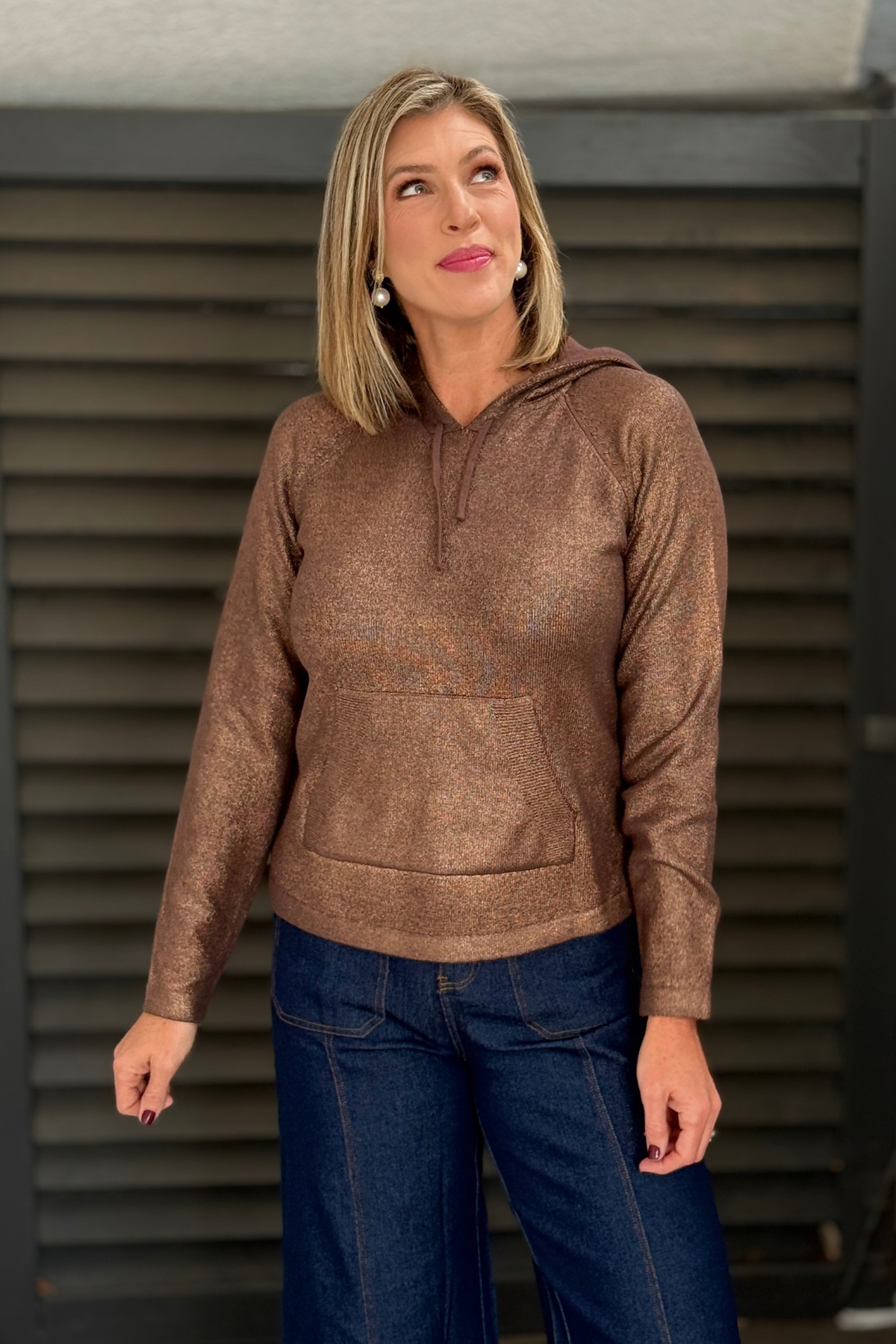 Charlie B copper raglan sleeve hoodie on model