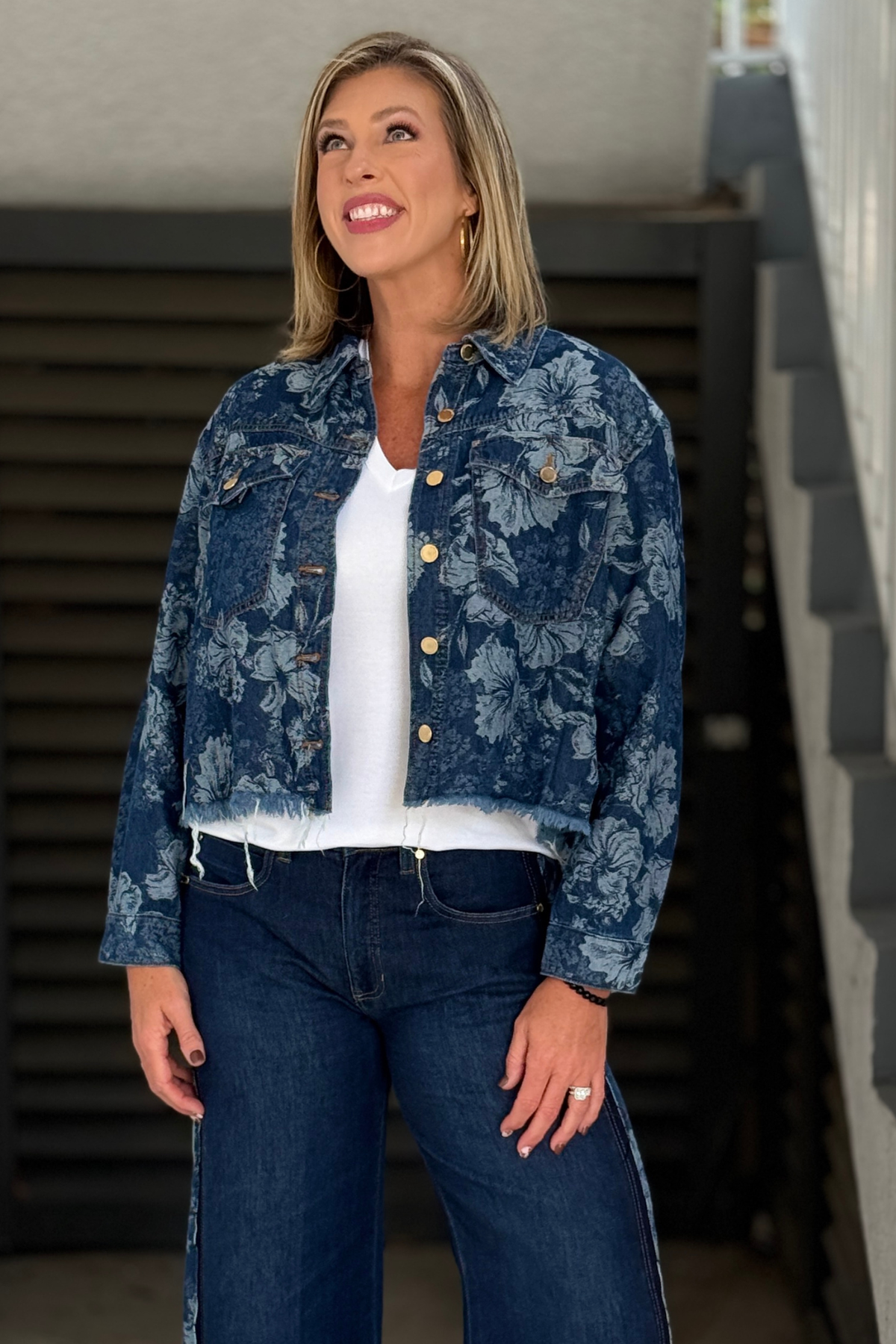 Women’s cropped floral jacquard jean jacket by Liverpool