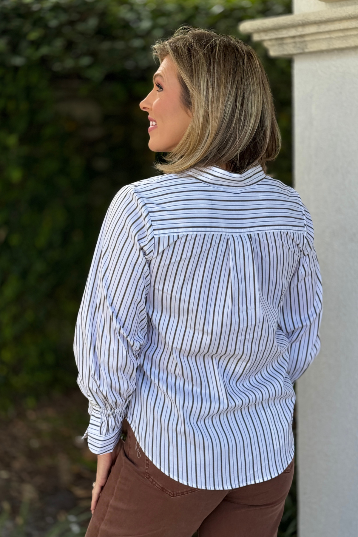 Women’s neutral striped button down shirt by Liverpool