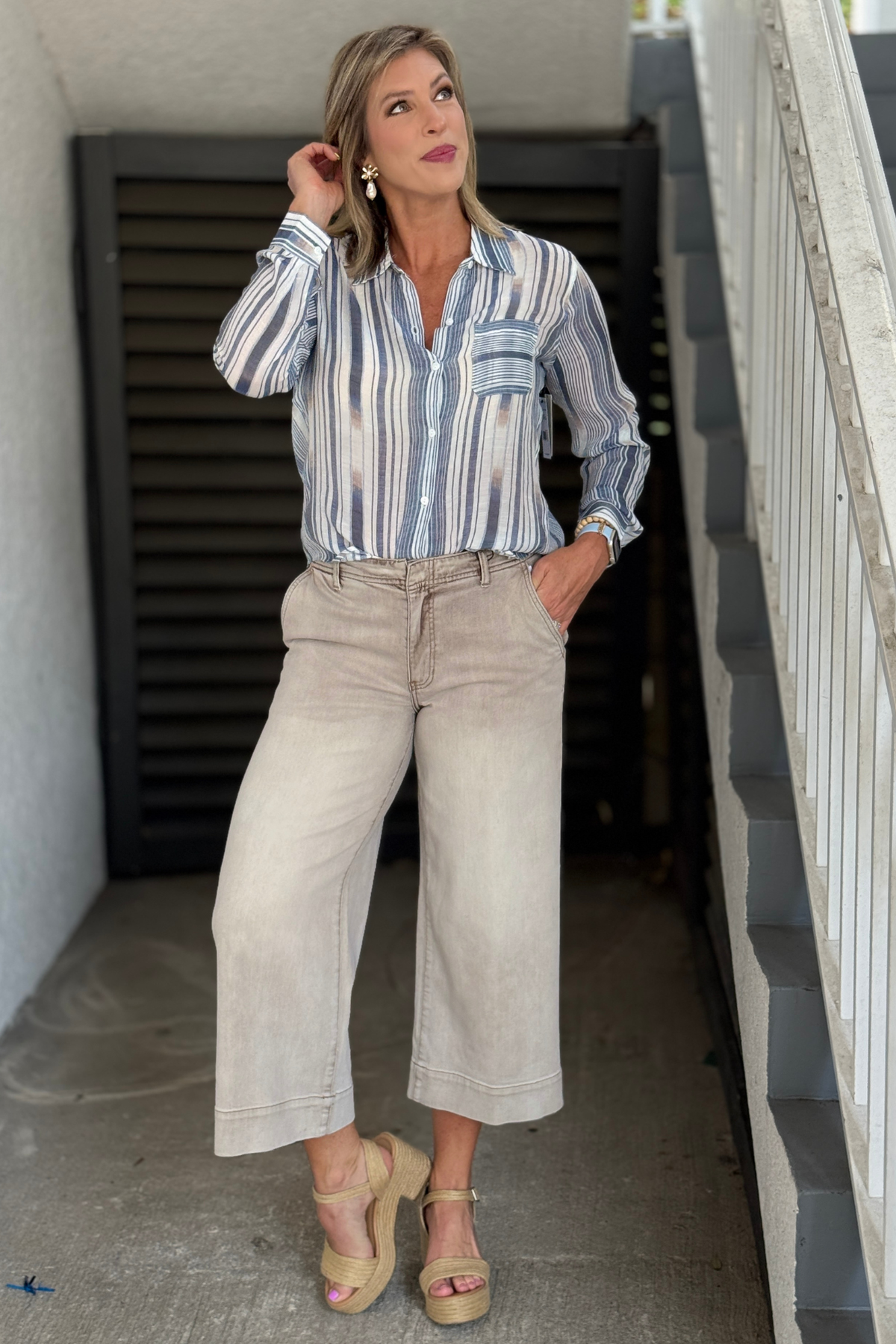 Liverpool Desert Dune Crop Wide Leg Denim Antique Khaki Front View