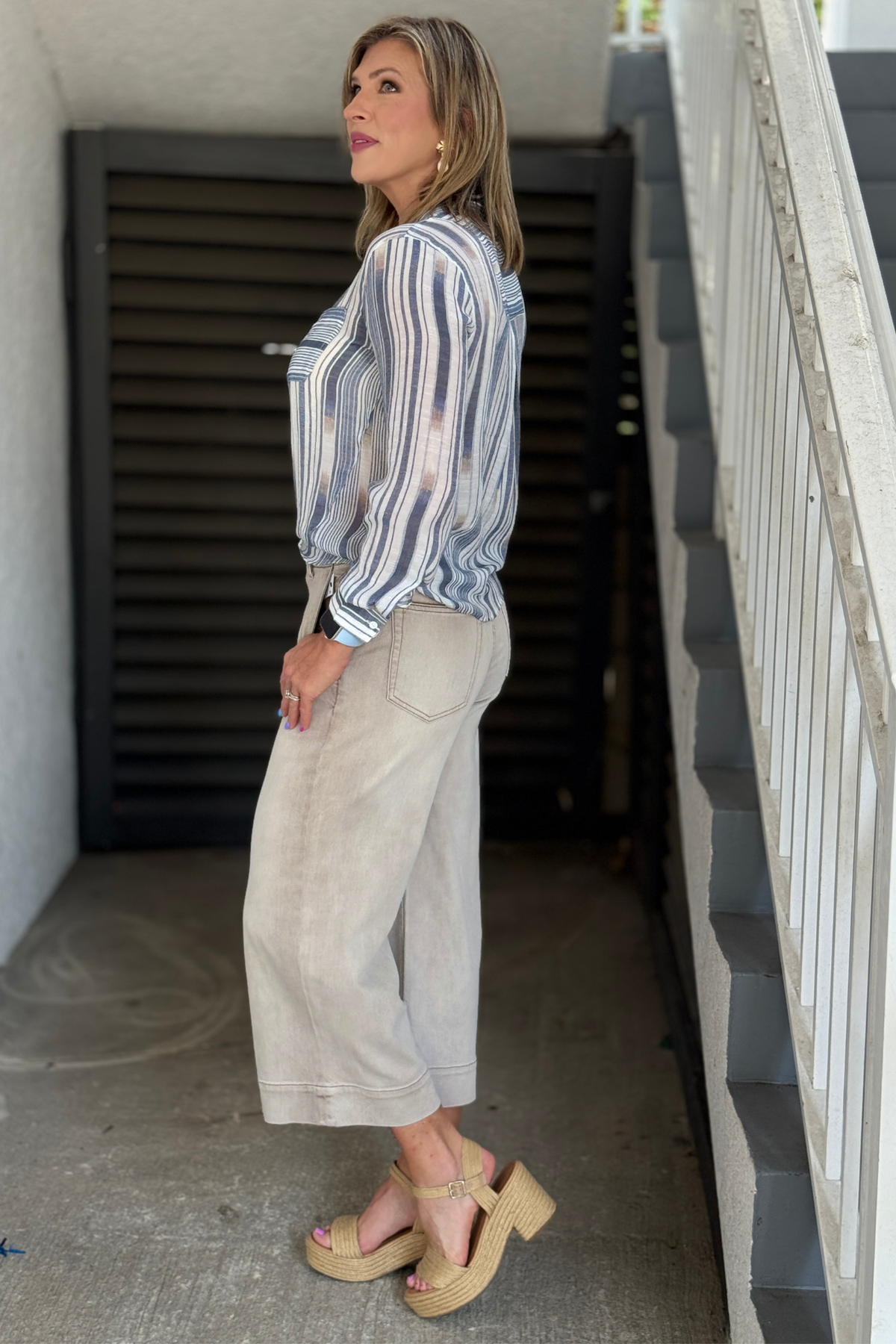 Liverpool Neutral Wide Leg Denim Side Pocket Detail