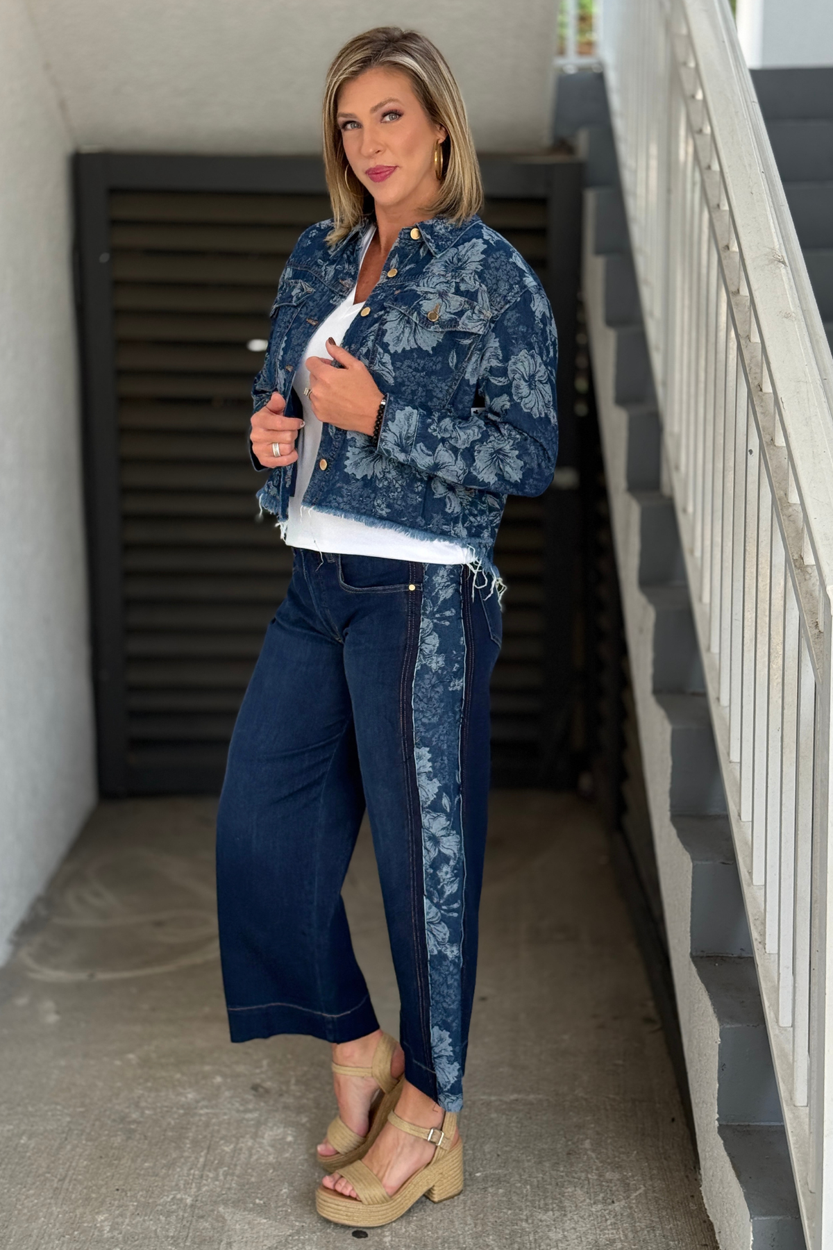 Liverpool floral denim jacket with frayed raw hem