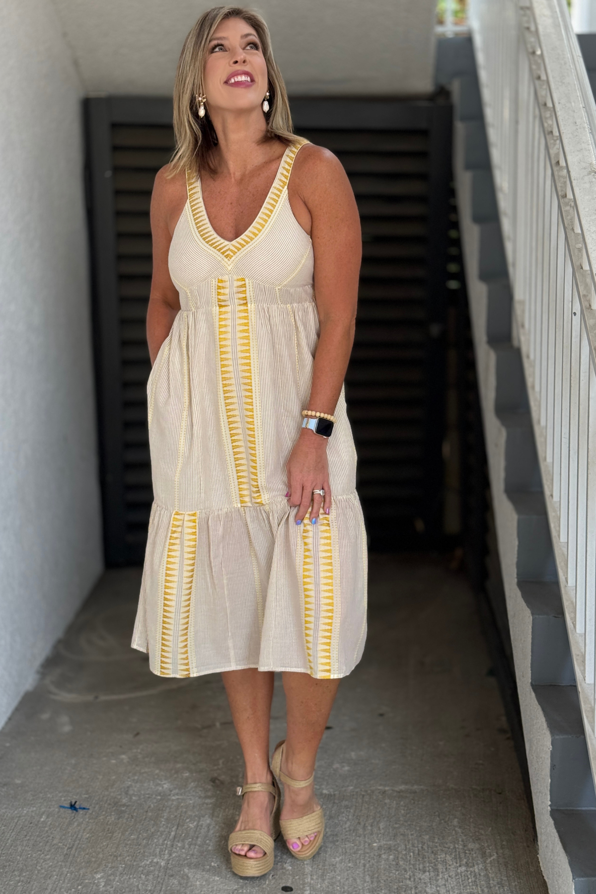 Cream brown and yellow stripe midi dress