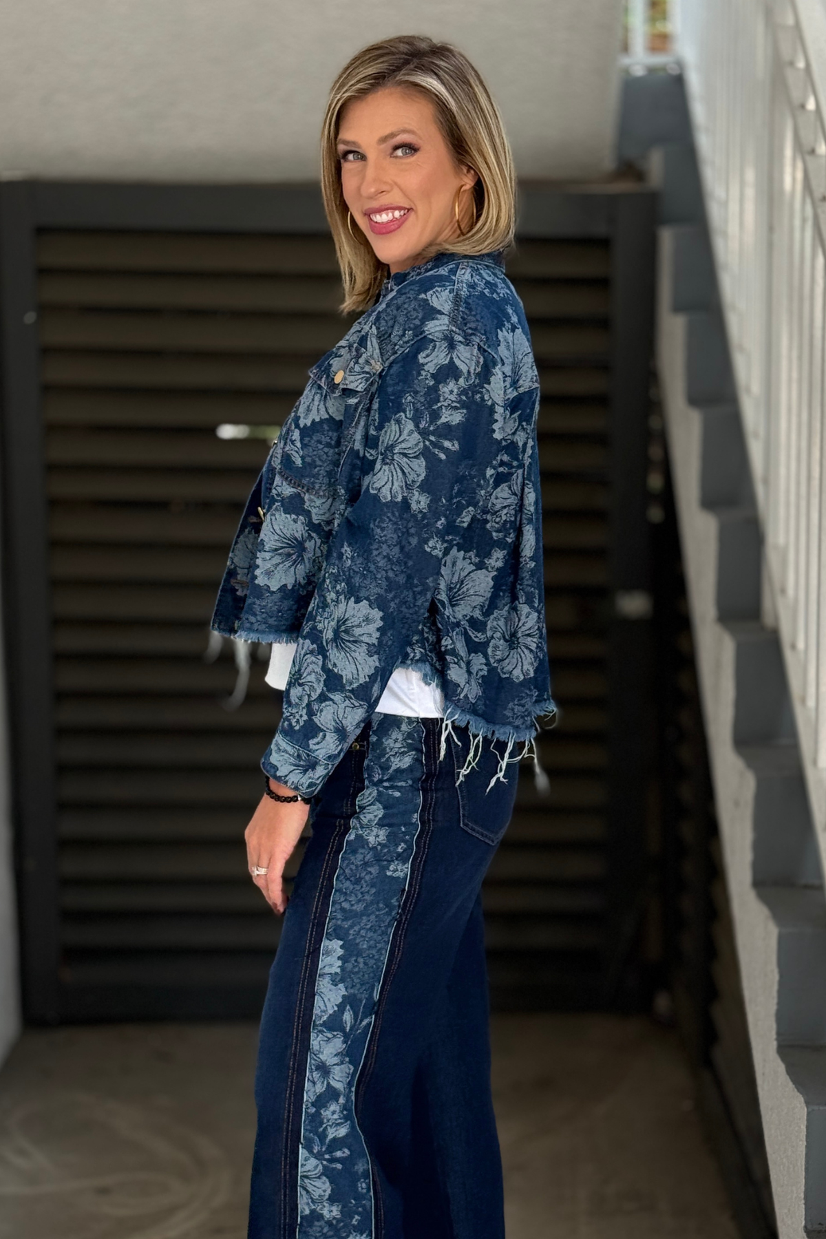 Lapis Grove Liverpool denim jacket styled with wide leg jeans
