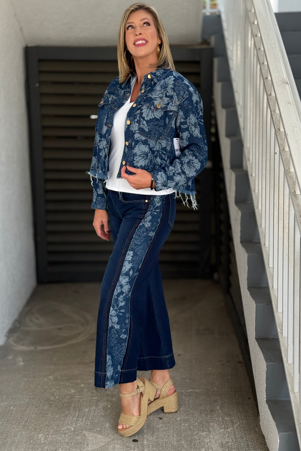 Back view of Liverpool floral jacquard denim jacket in Lapis Grove