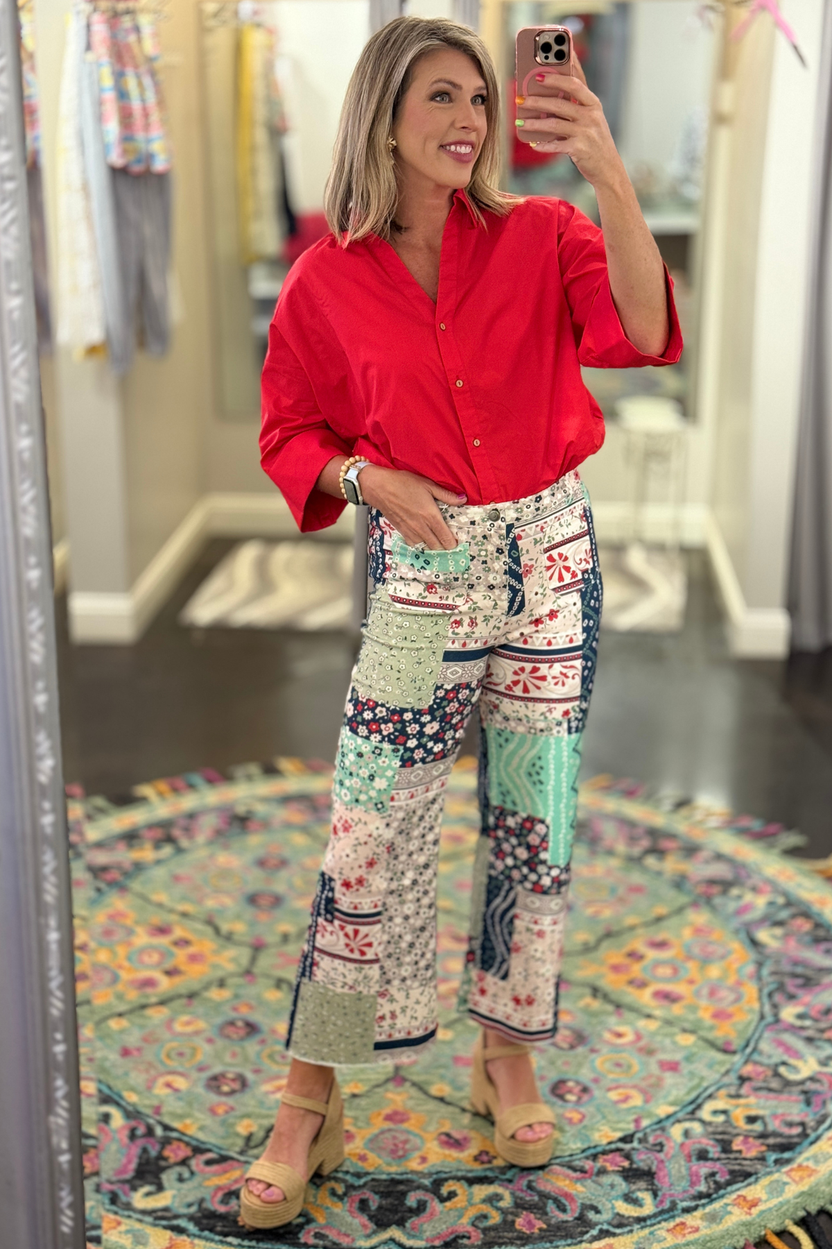Women's high waist floral patchwork flare pants
