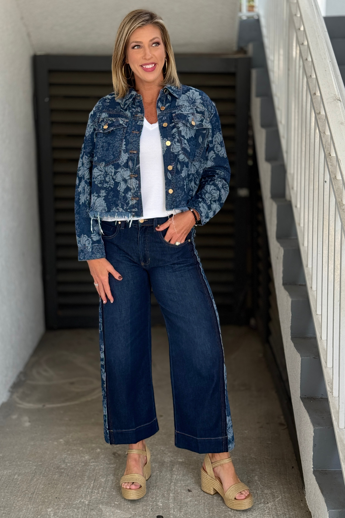 Liverpool Lapis Grove floral denim jacket with gold buttons