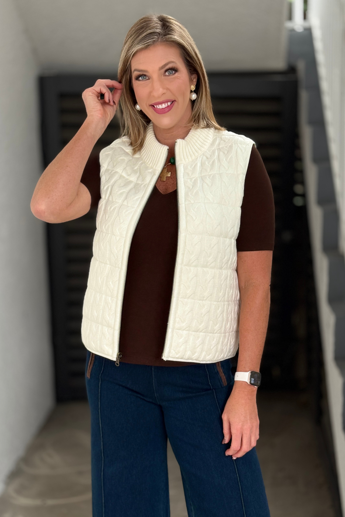 Liverpool Reversible Quilted Cable Knit Vest in Cream front view