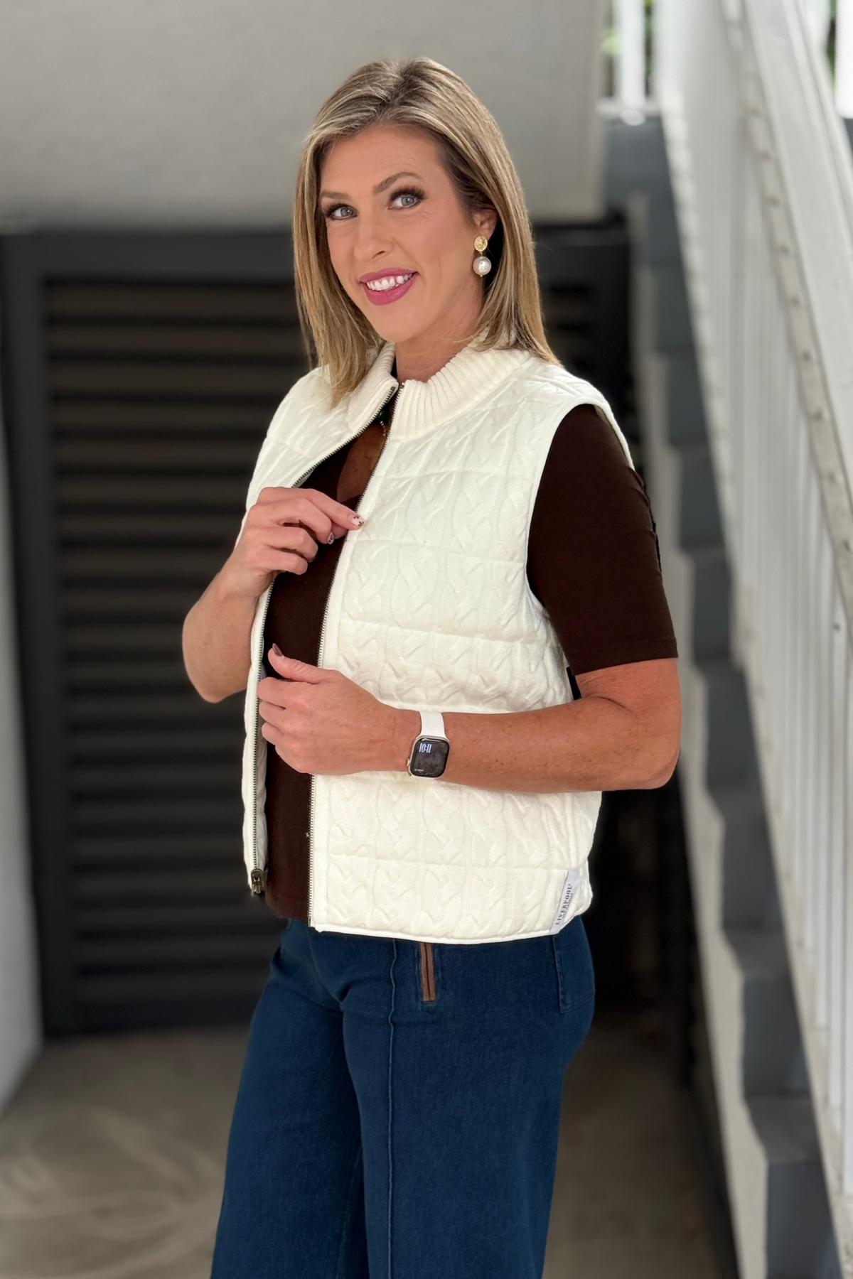 Liverpool reversible cream vest showing textured cable quilted side