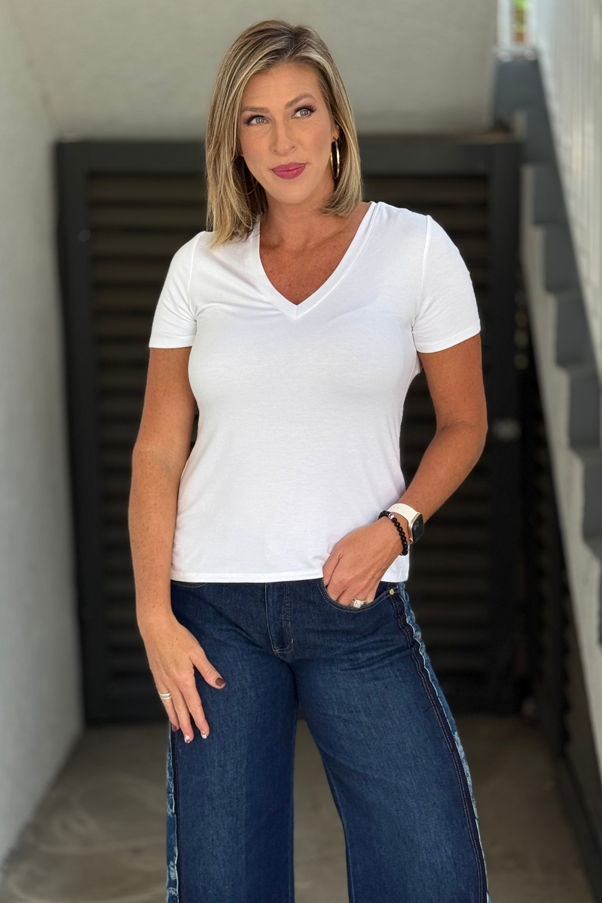 Liverpool Classic White V-neck short sleeve tee for women