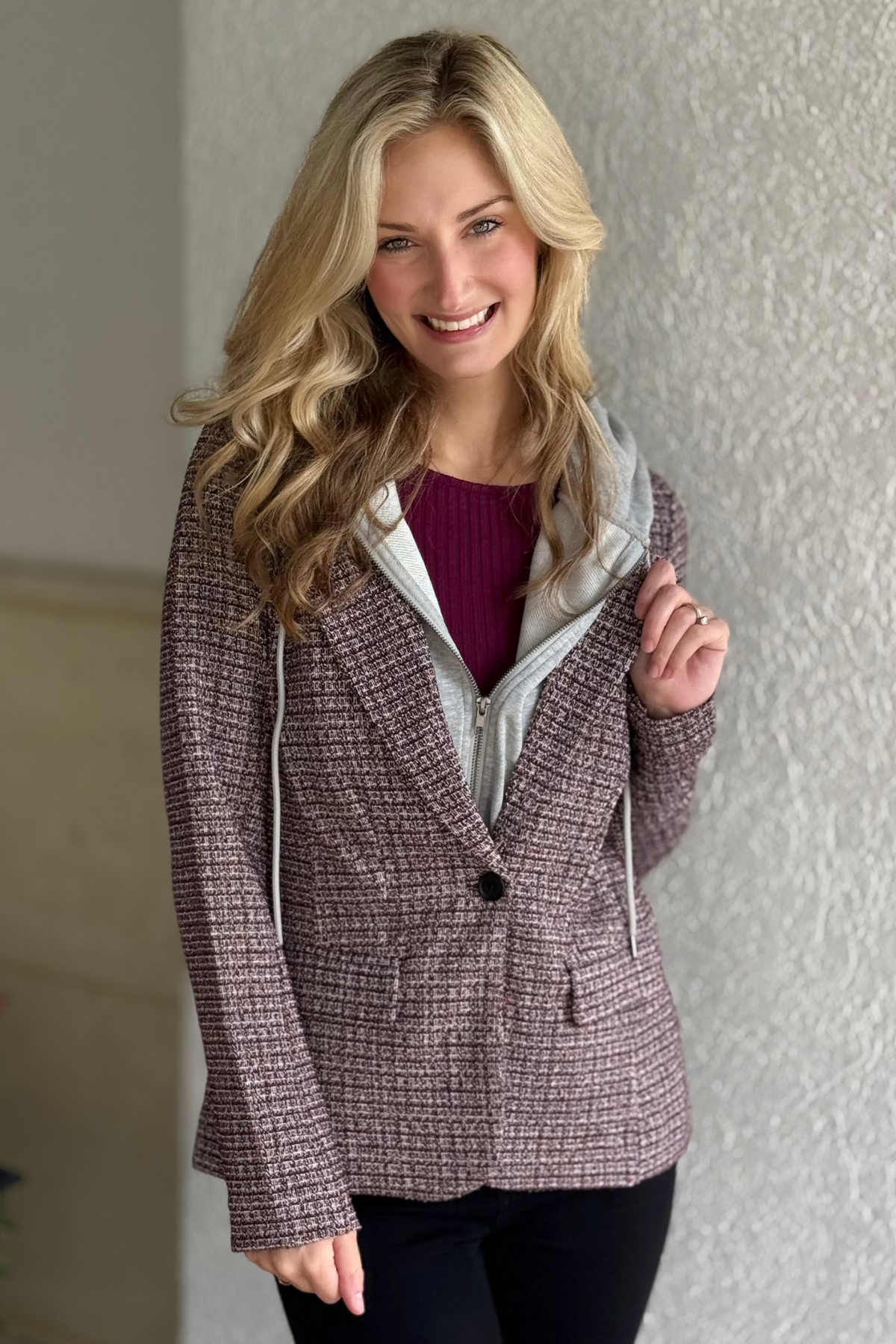 Close-up of knit plaid texture on Liverpool Hooded Blazer