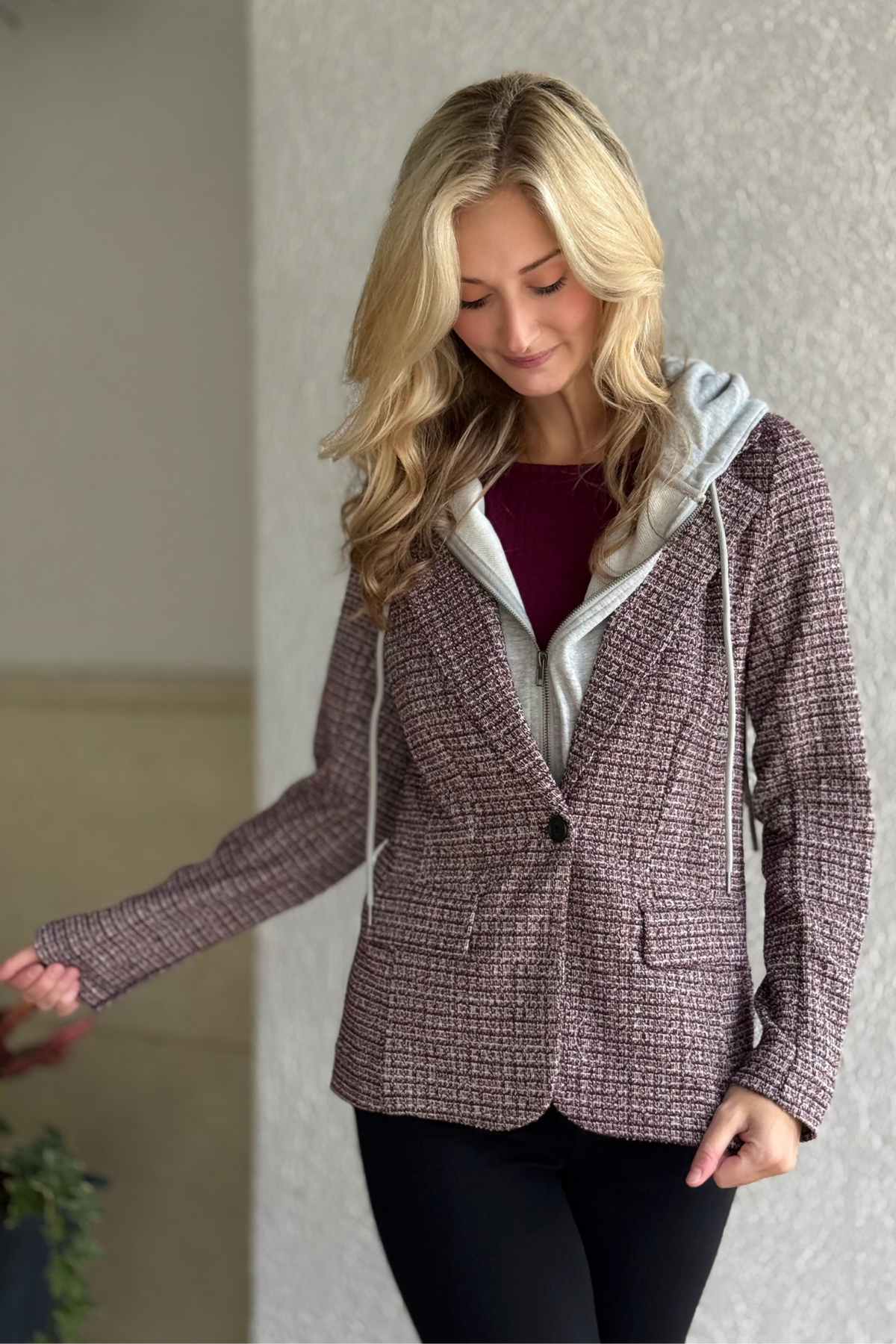 Liverpool Boyfriend Blazer in Multi Mix styled with Wine Berry top