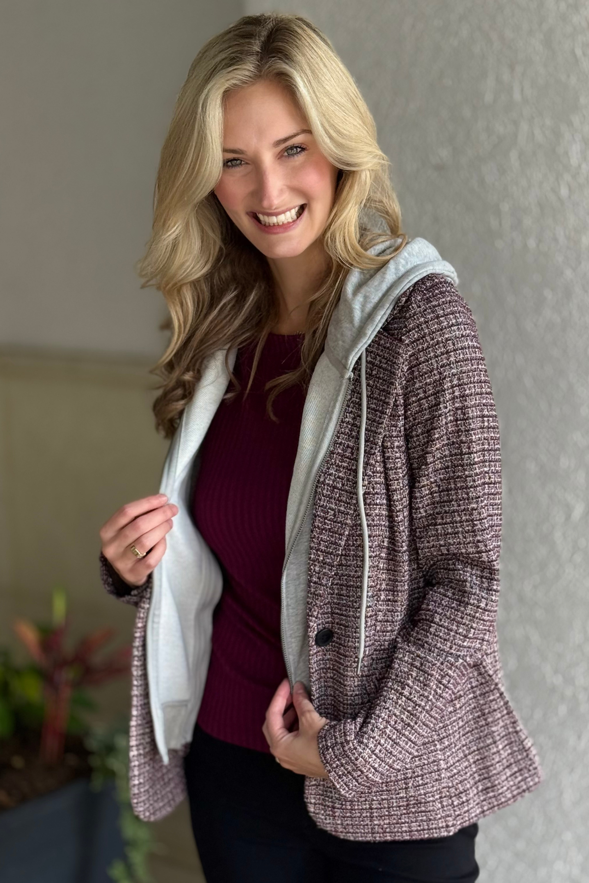 Liverpool Hooded Knit Plaid Boyfriend Blazer in Multi Mix front view
