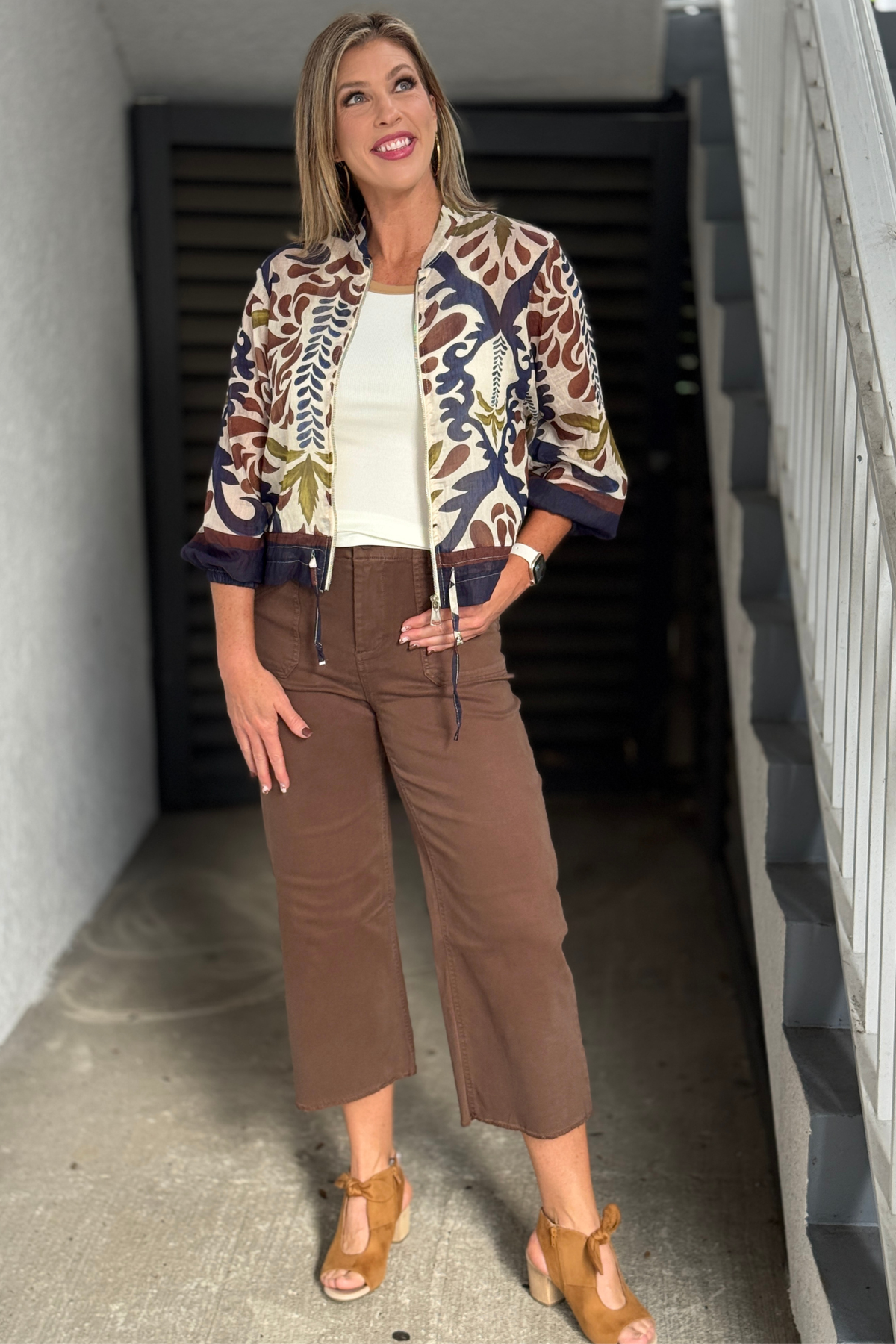 Women’s printed bomber jacket with front zipper and drawstring waist