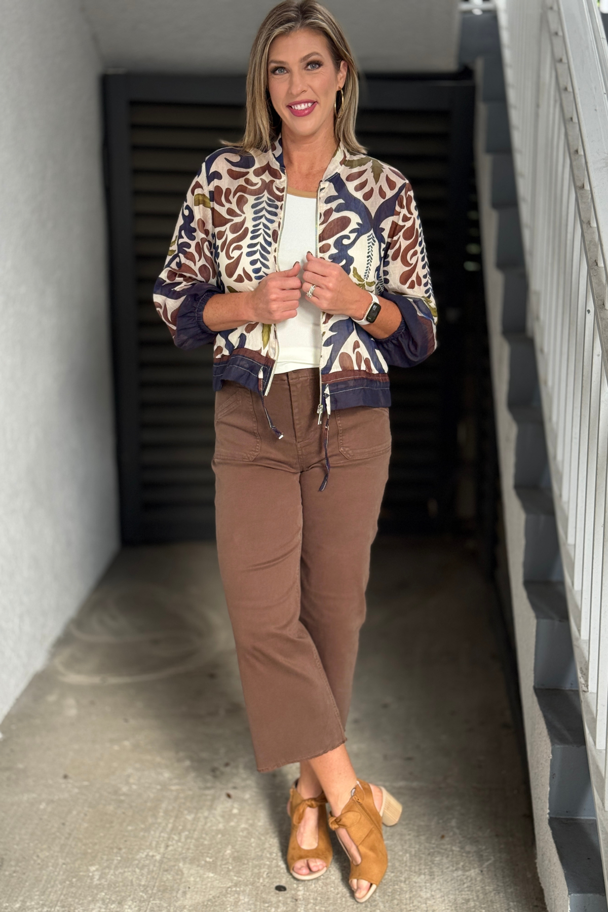 Navy brown brocade print lightweight women’s fall jacket