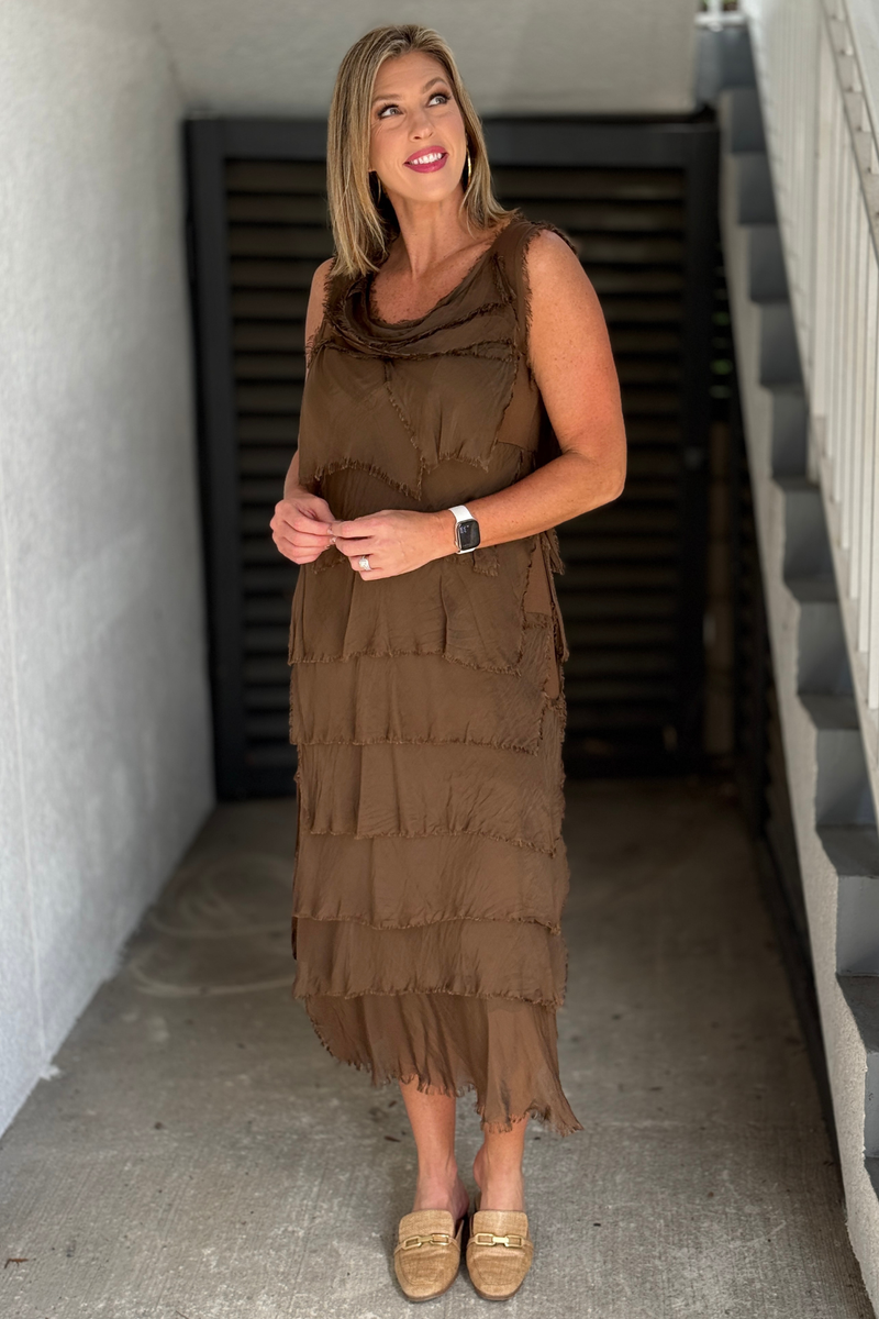 Siena Silk Ruffle Maxi Dress in Chocolate