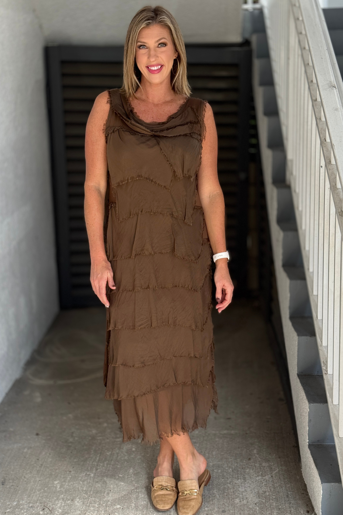 One size brown maxi dress with layered ruffle detail
