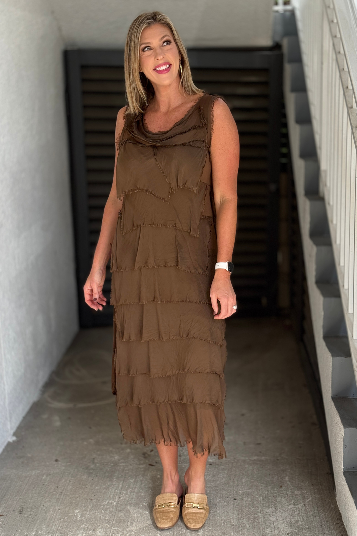 Chocolate silk ruffle maxi dress made in Italy