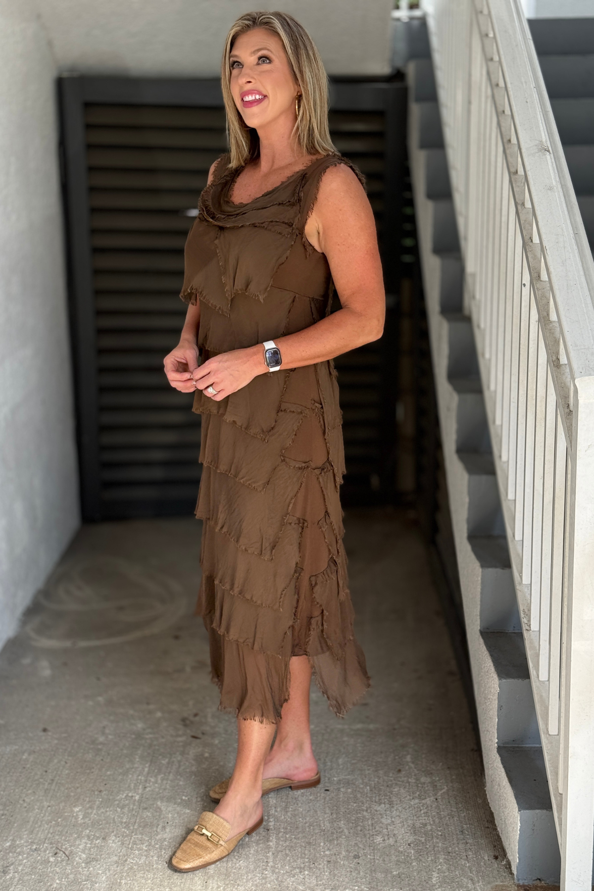 Women’s flowing chocolate ruffle dress