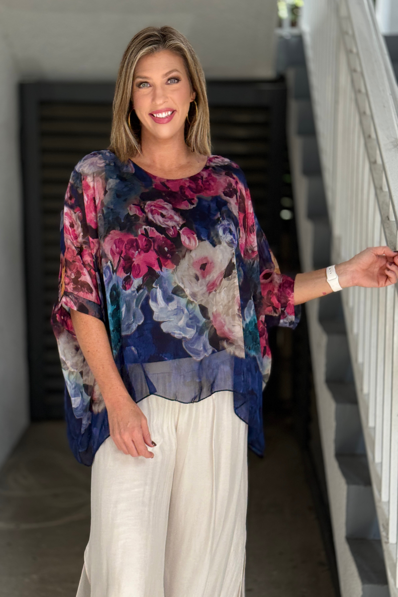 Rose Printed Silk Blouse in navy pink and ivory floral print