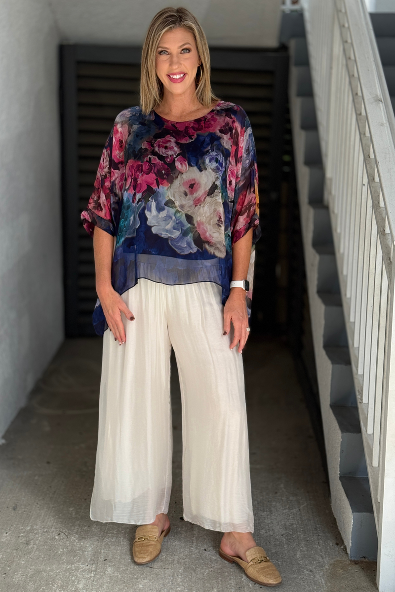 Cream silk palazzo pants with elastic waistband