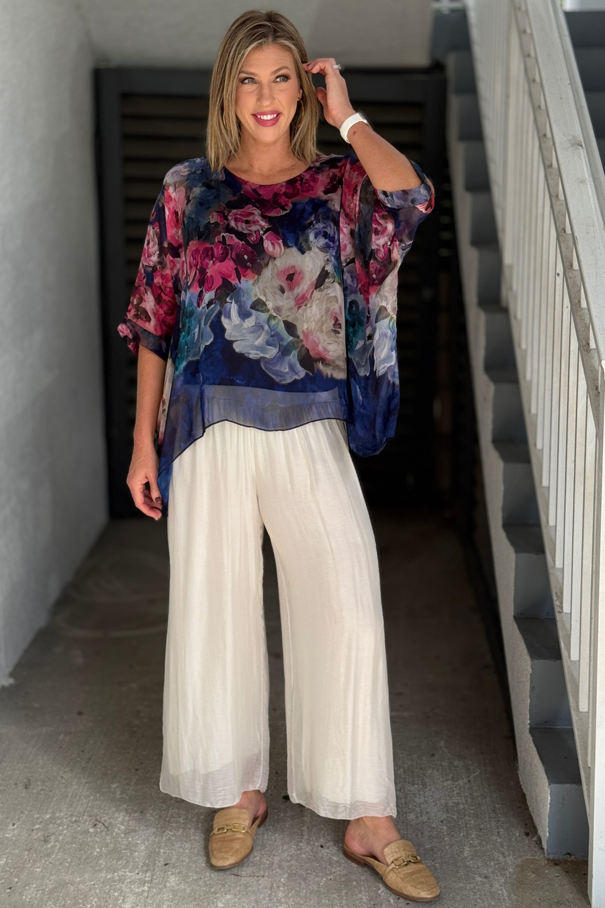 Italian Silk Side Slit Palazzo Pants in Cream