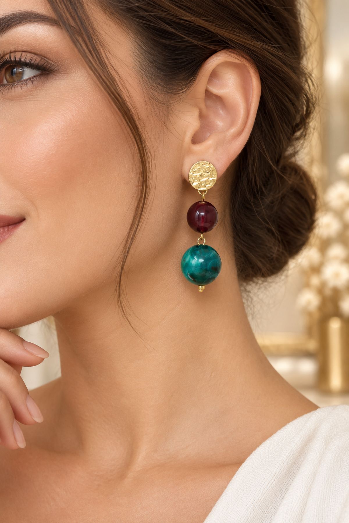 Hammered gold coin and marbled sphere drop earrings in teal and burgundy