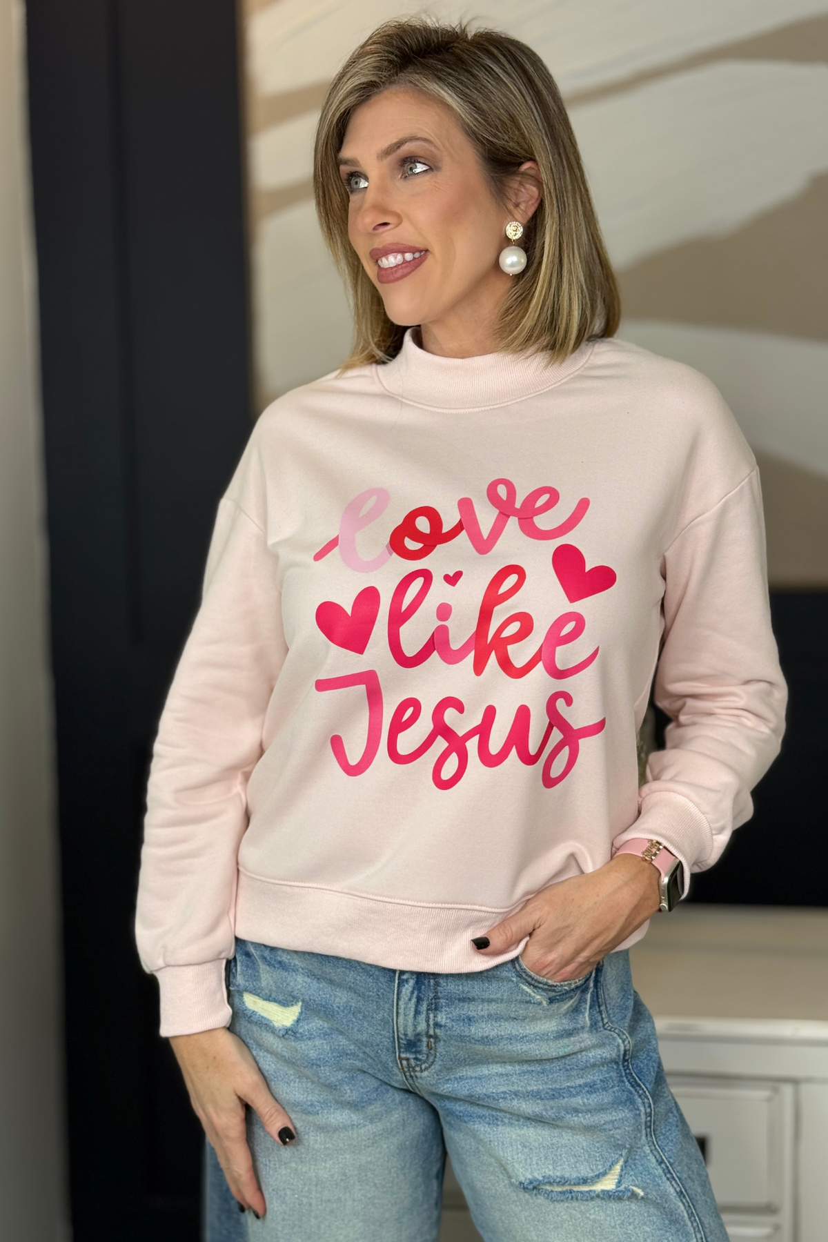 Love Like Jesus pink graphic high neck sweatshirt for women
