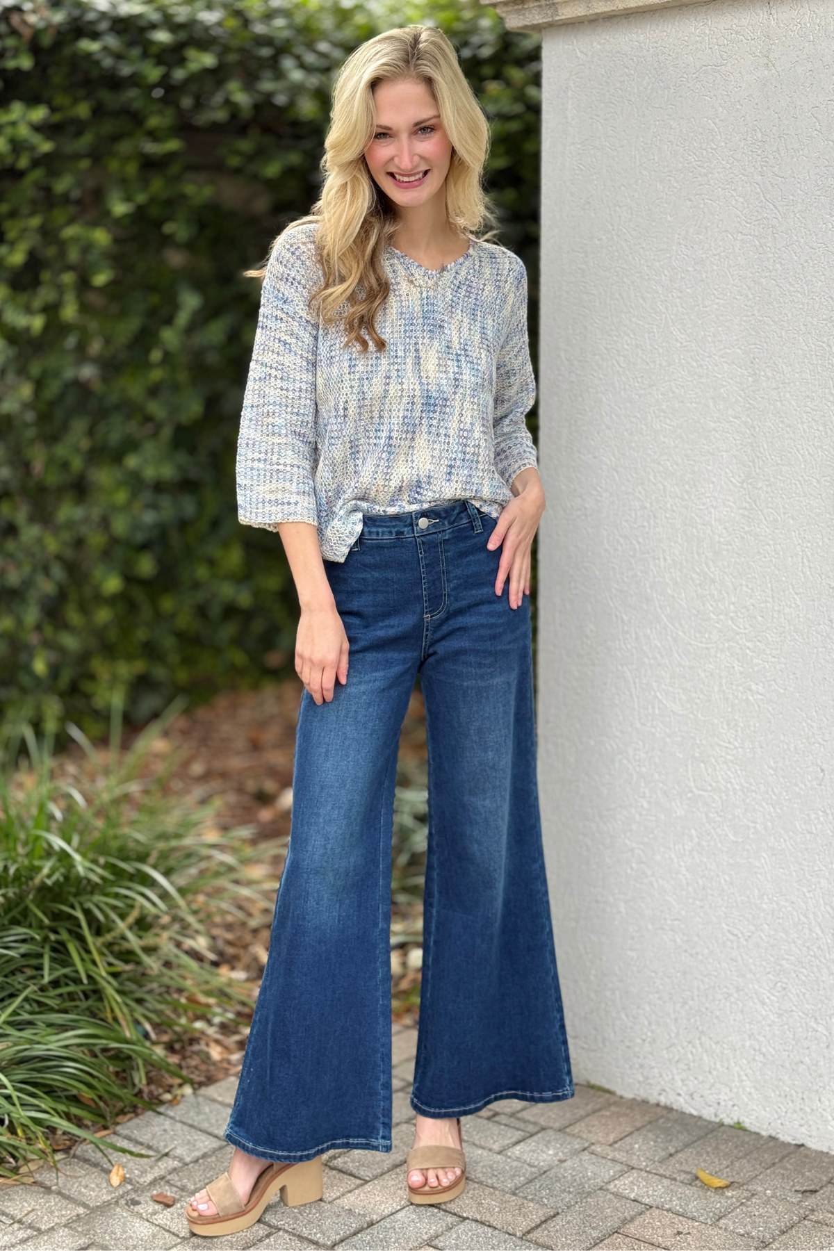 Lyssé Iris wide leg everyday stretch denim mid dark wash front view