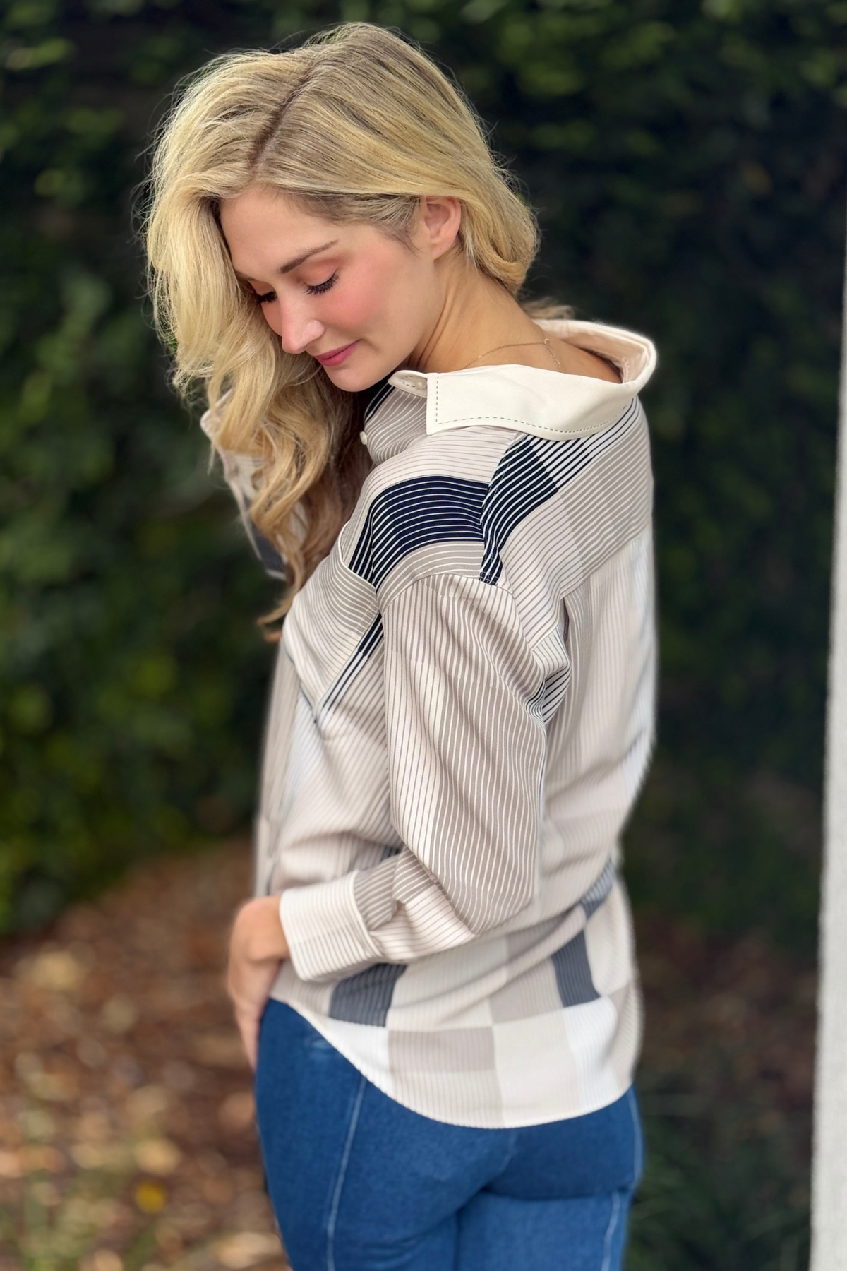 Lyssé Jessica relaxed fit printed blouse styled with denim