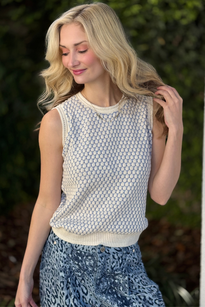 Sleeveless honeycomb knit sweater shell lightweight linen blend