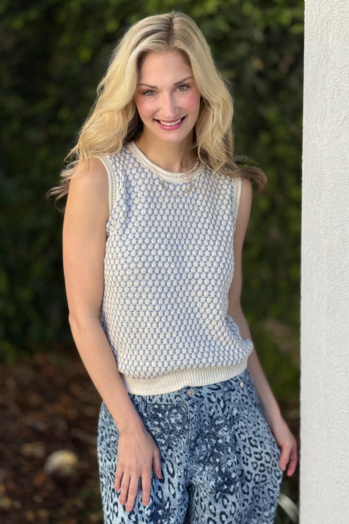 Lyssé Claire sweater shell close up showing textured mesh pattern