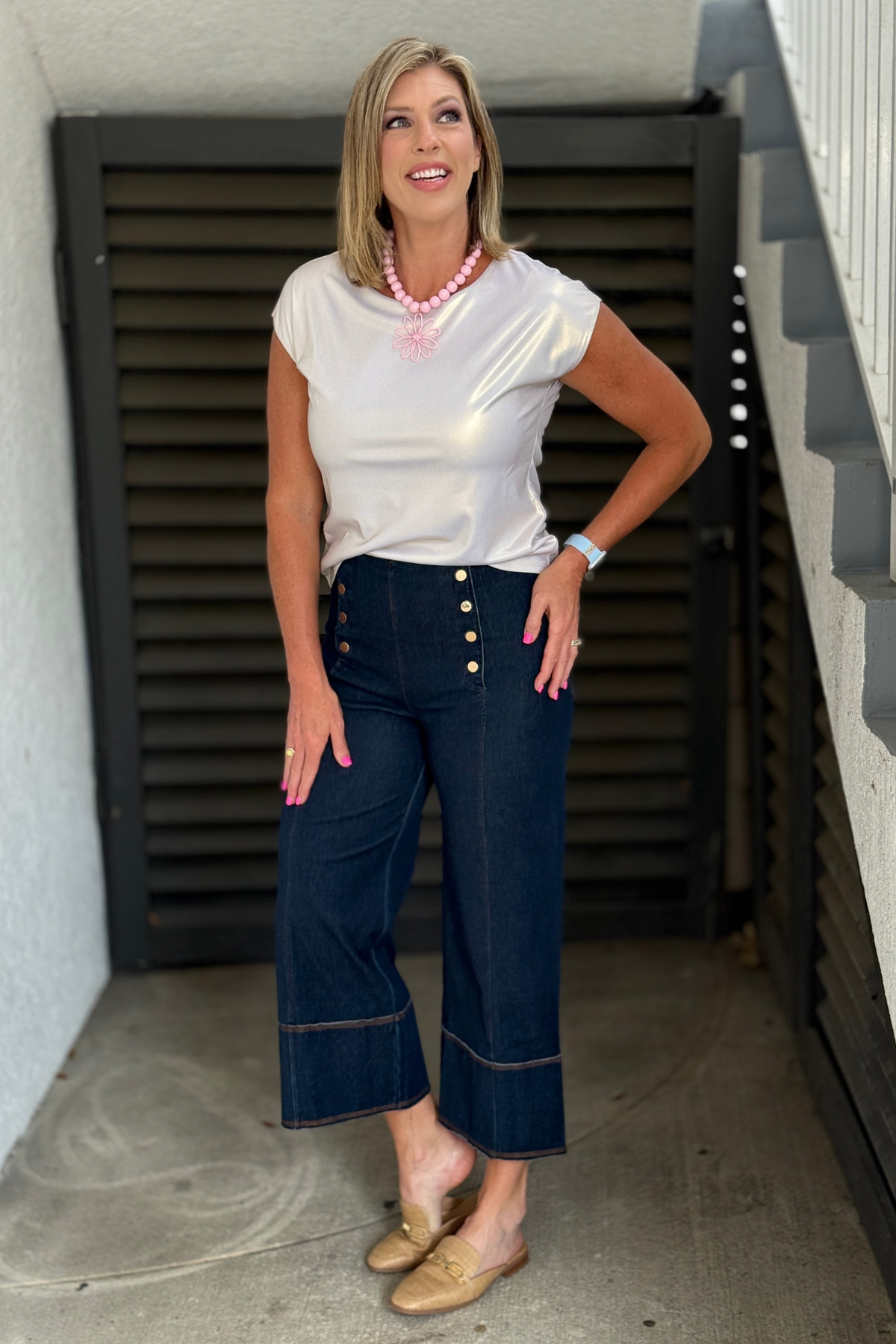 Pull on denim pants with gold button detail